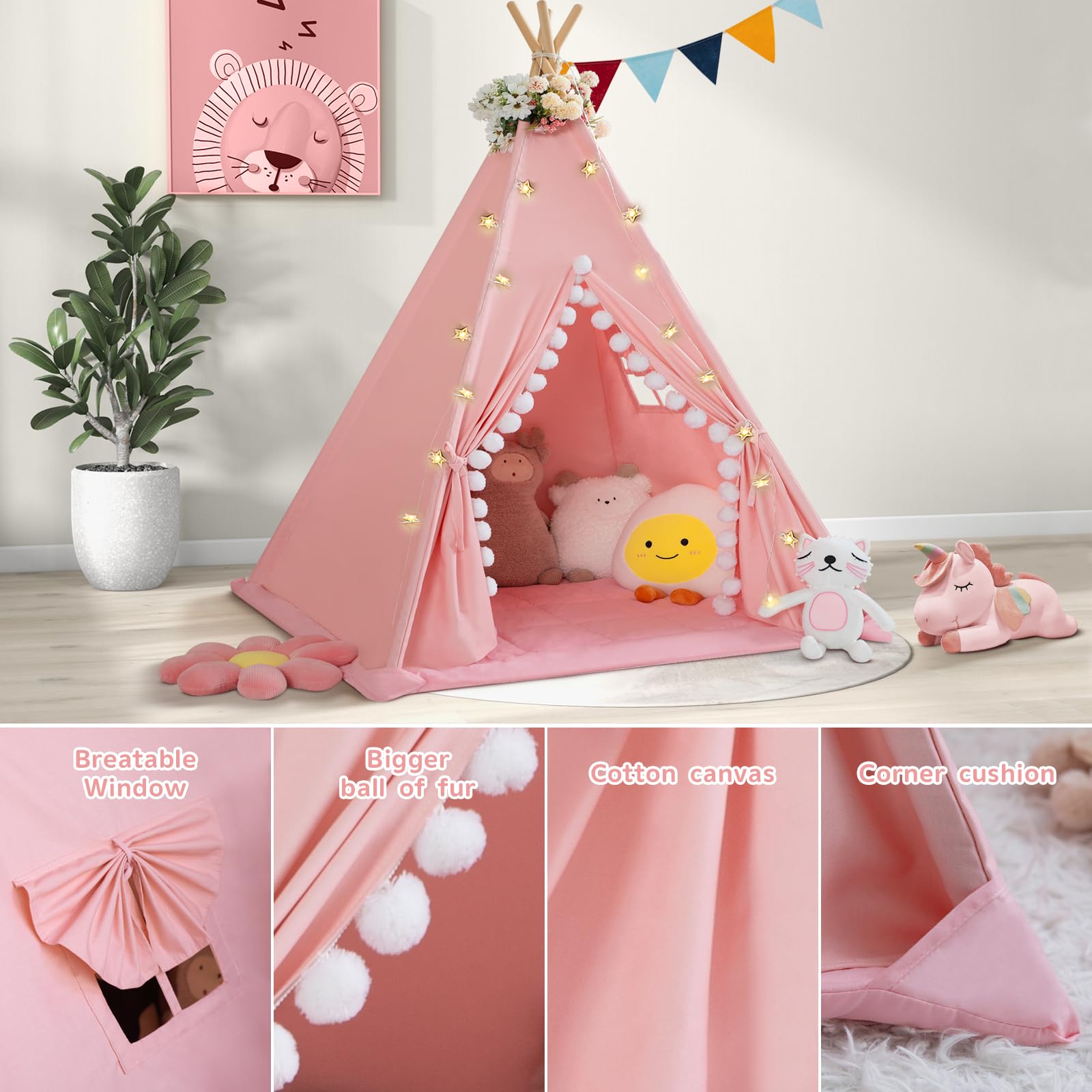 Kids Cotton Canvas Teepee Tent with Padded Mat
