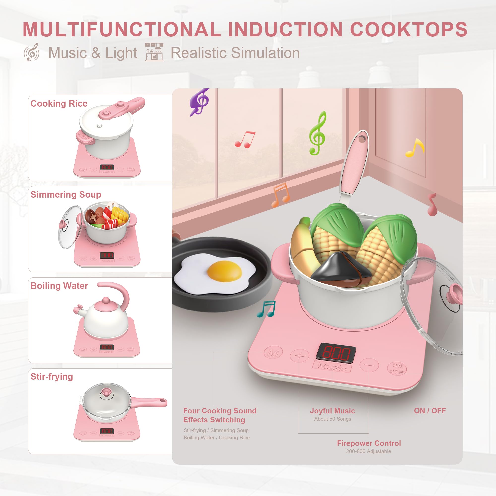 Elevon Pretend Play Kitchen Toy Set for Kids, Interactive Playset with Lights and Sounds, for Toddlers 3+ Years Old, 49 Piece Toy Accessory Set with Cooking Stove, Sink, Play Food, Realistic - Pink