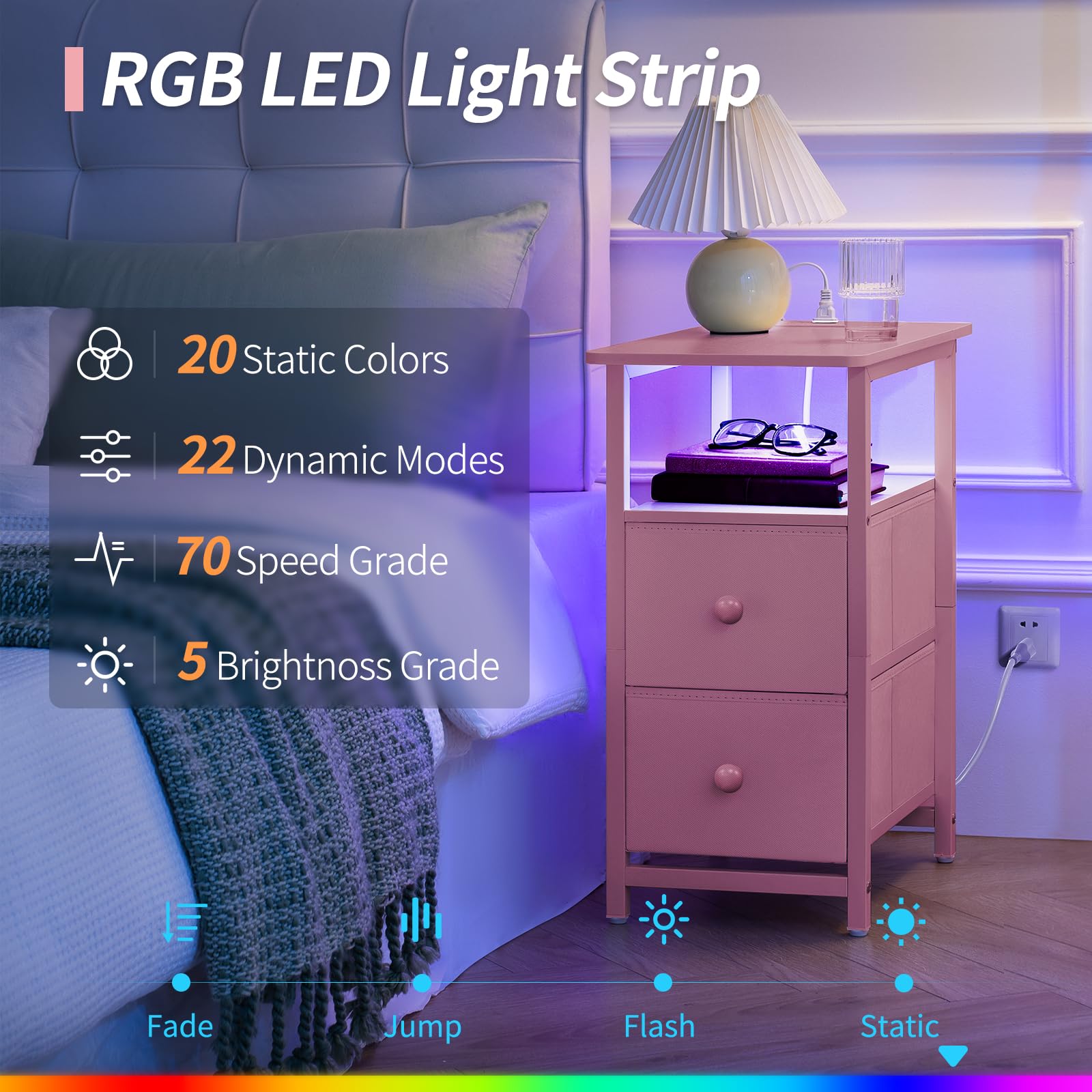 LED Nightstand with Charging Station and Fabric Drawers