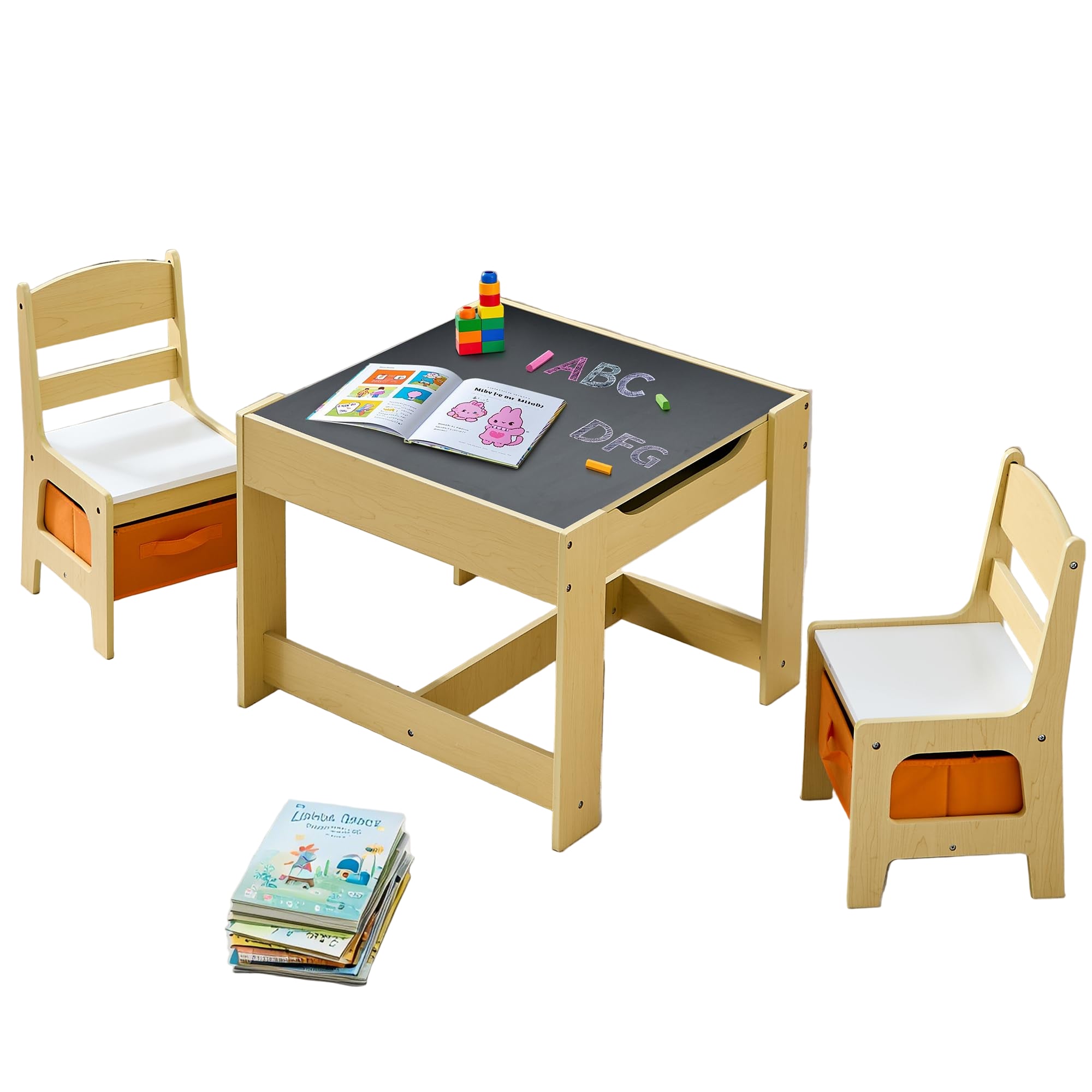 Kids Table and Chairs Set, 4 in 1 Wooden Kids Table with Reversible Tabletop