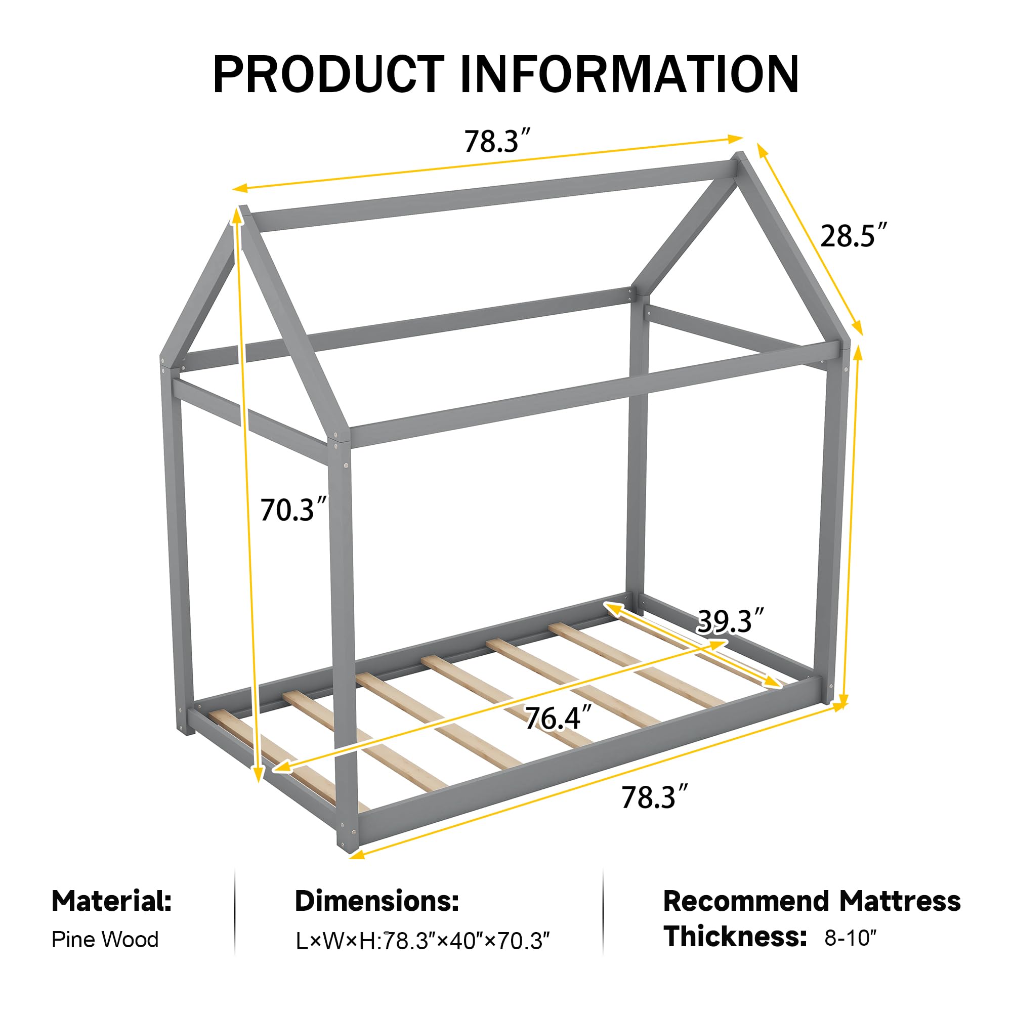 Twin Size Wood House Bed Floor Frame with Slats