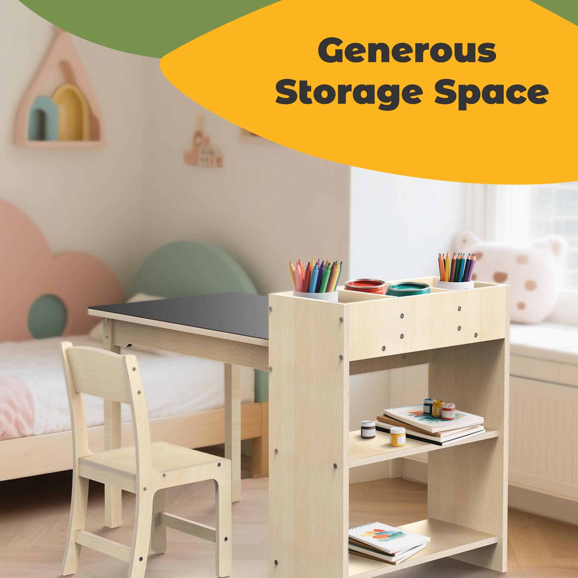 Beech Wood Kids Art Table and Chair Set with Storage