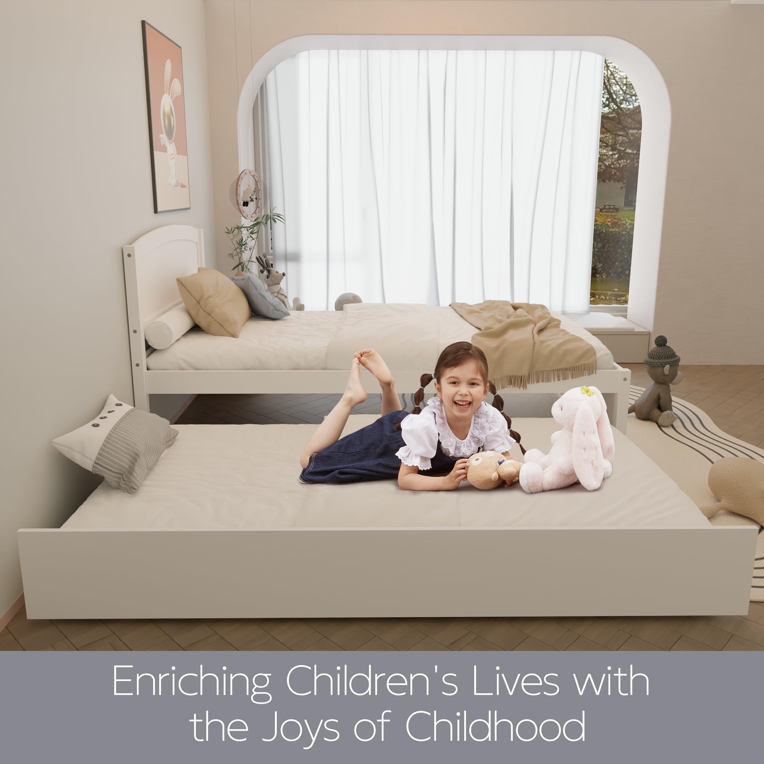 Twin Trundle Bed with Headboard and Wooden Slats