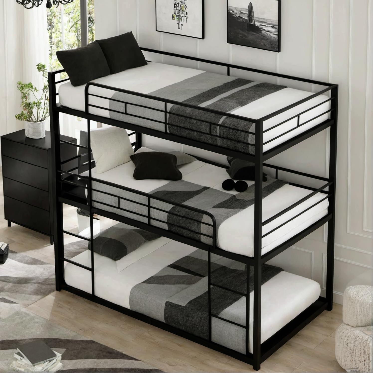 Twin Triple Bunk Bed with Ladder for 3 Kids/Teen/Adults Bedroom