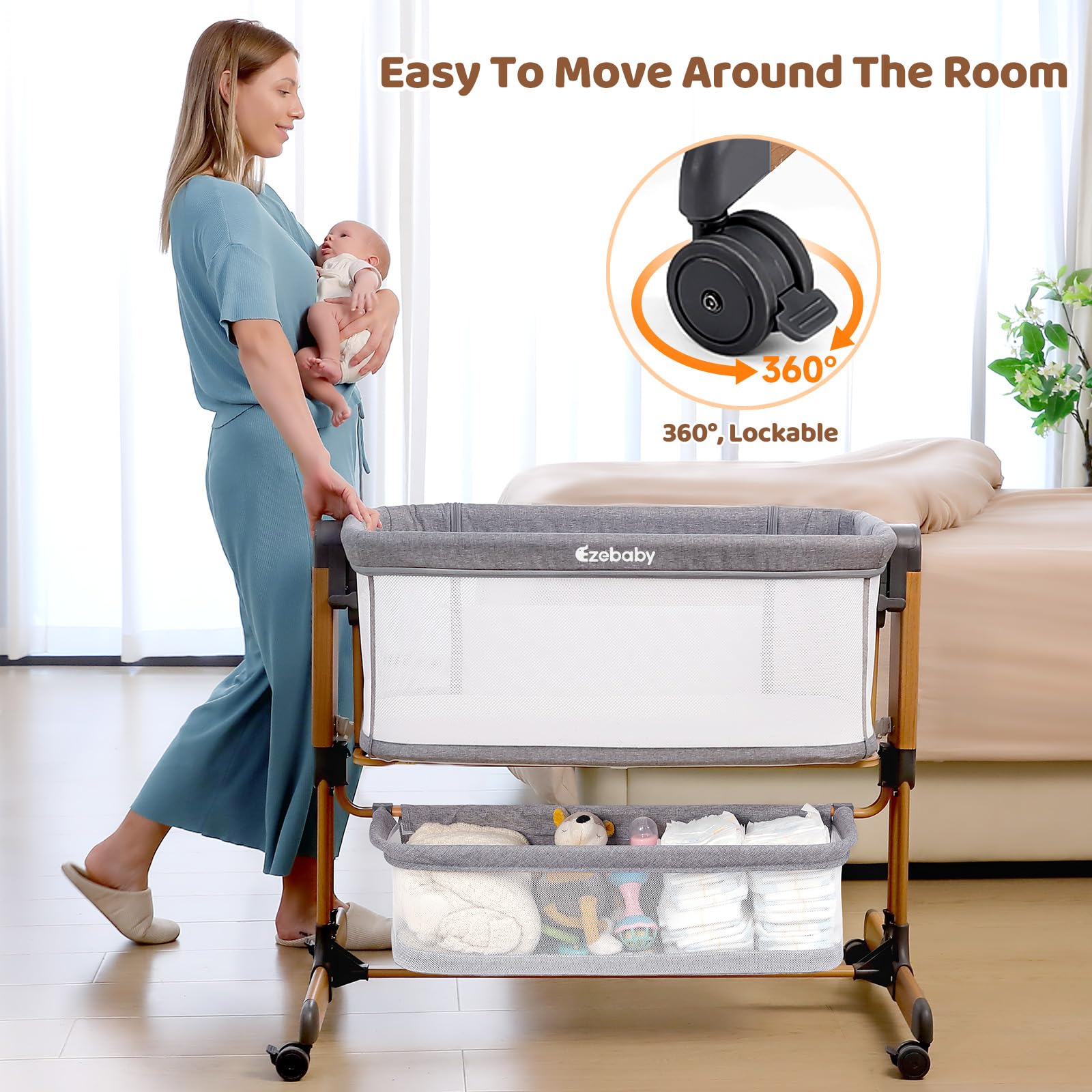 3-in-1 Rocking Bassinet with Wheels and Storage