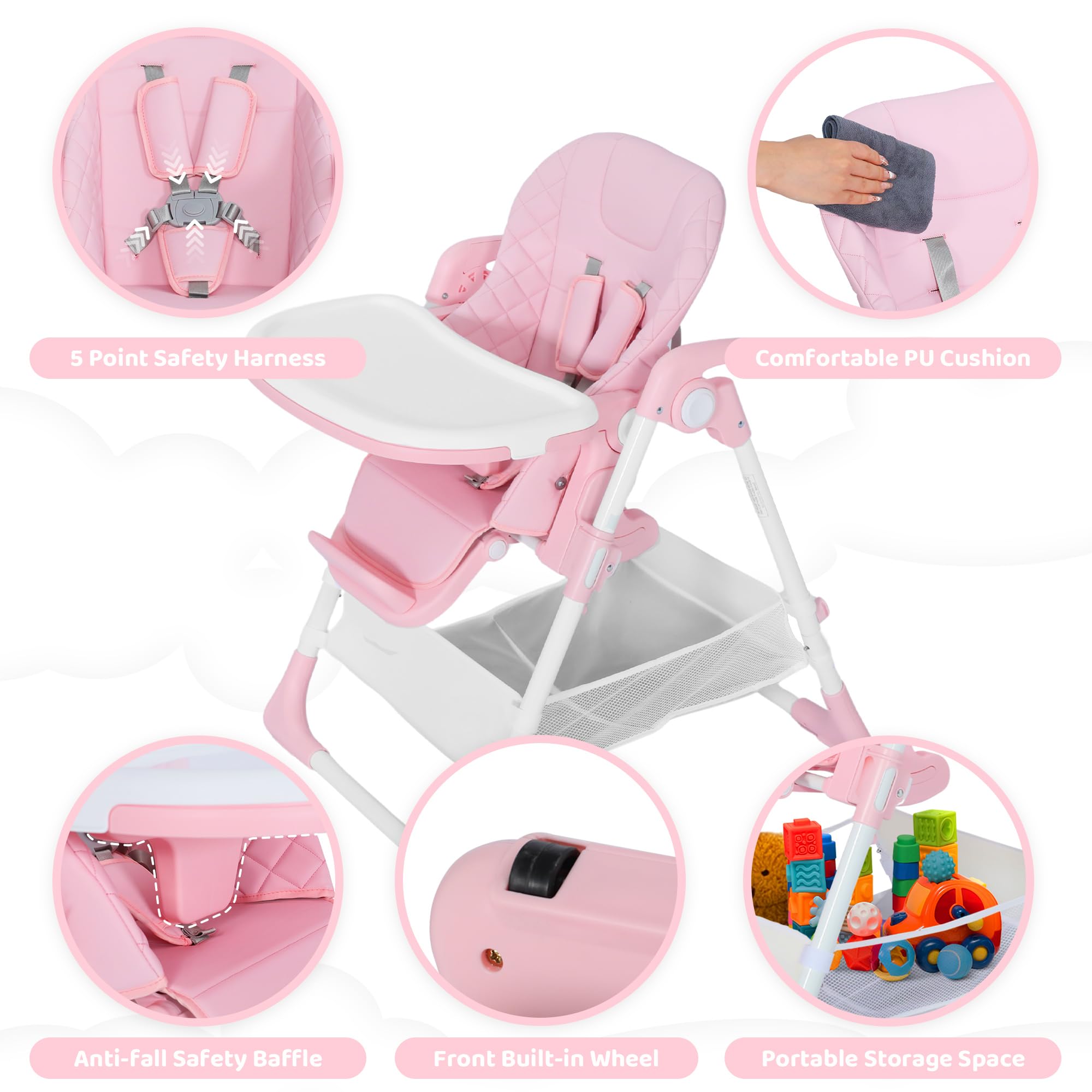 3-in-1 Foldable Baby High Chair with Adjustable Height and Recline