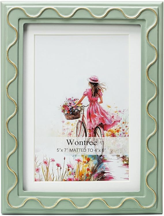 5x7 Picture Frame, Gold Beads & Swirls Against Muted Blue