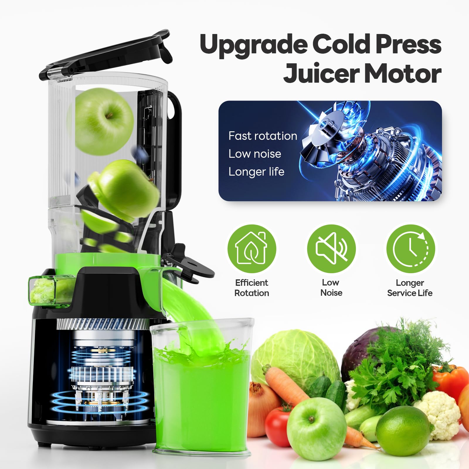 ECOSELF Juicer Machines with 5.3" Mega Mouth & Large Feed Chute, Cold Press Juicer for Whole Fruits & Vegetables, Professional Slow Masticating juicer for Batch Juicing, High Juice Yield Easy to Clean