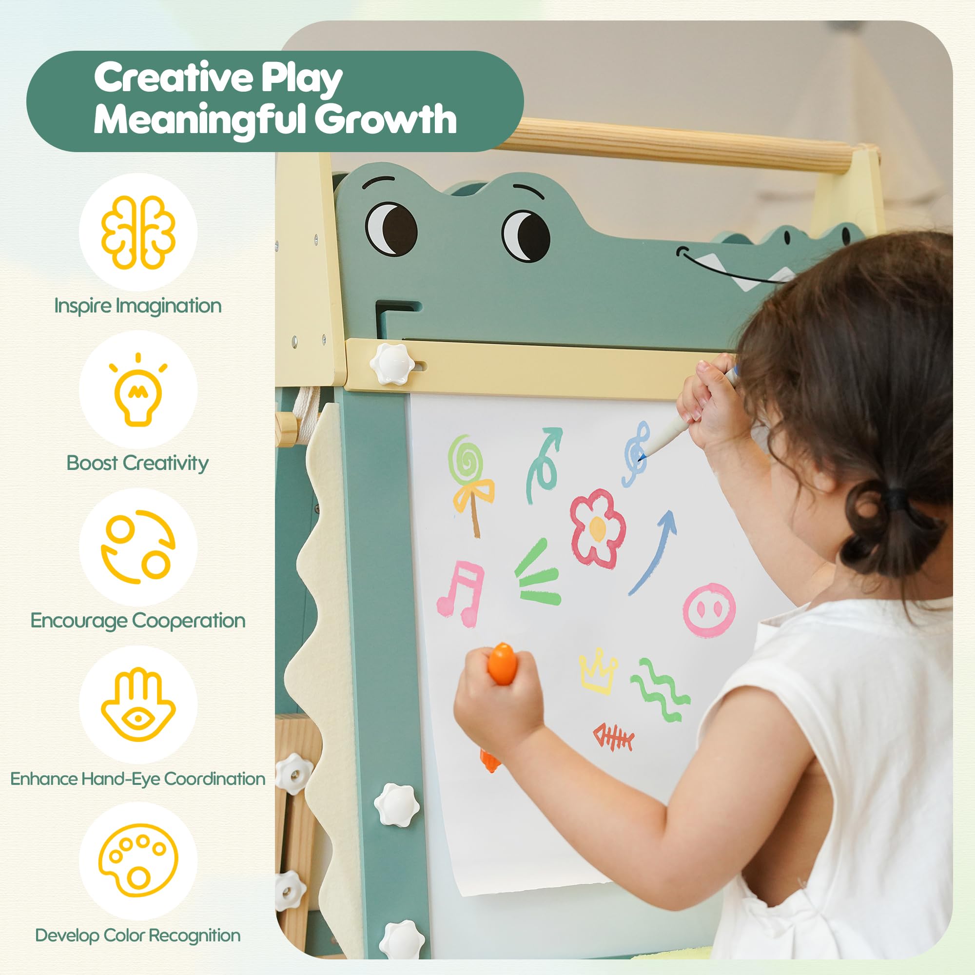 ROBOTIME Alligator Easel for Kids - 3-in-1 Adjustable Height Wooden Children Easel with Magnetic Whiteboard, Chalkboard & Paper Roll Holder, Fun Kid's Art Station for Boys & Girls Ages 3~12 Years