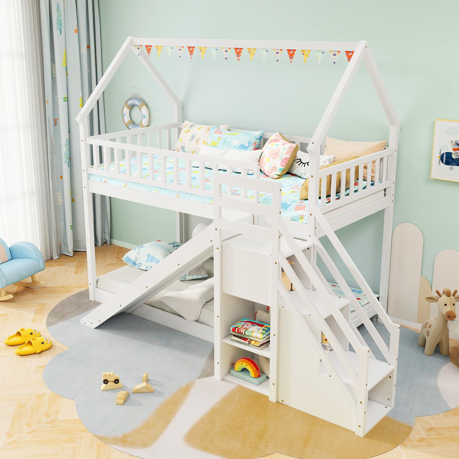 House Bunk Bed Twin Over Twin with Slide & Stairs, Wood Bunk Bed with Storage Shelves