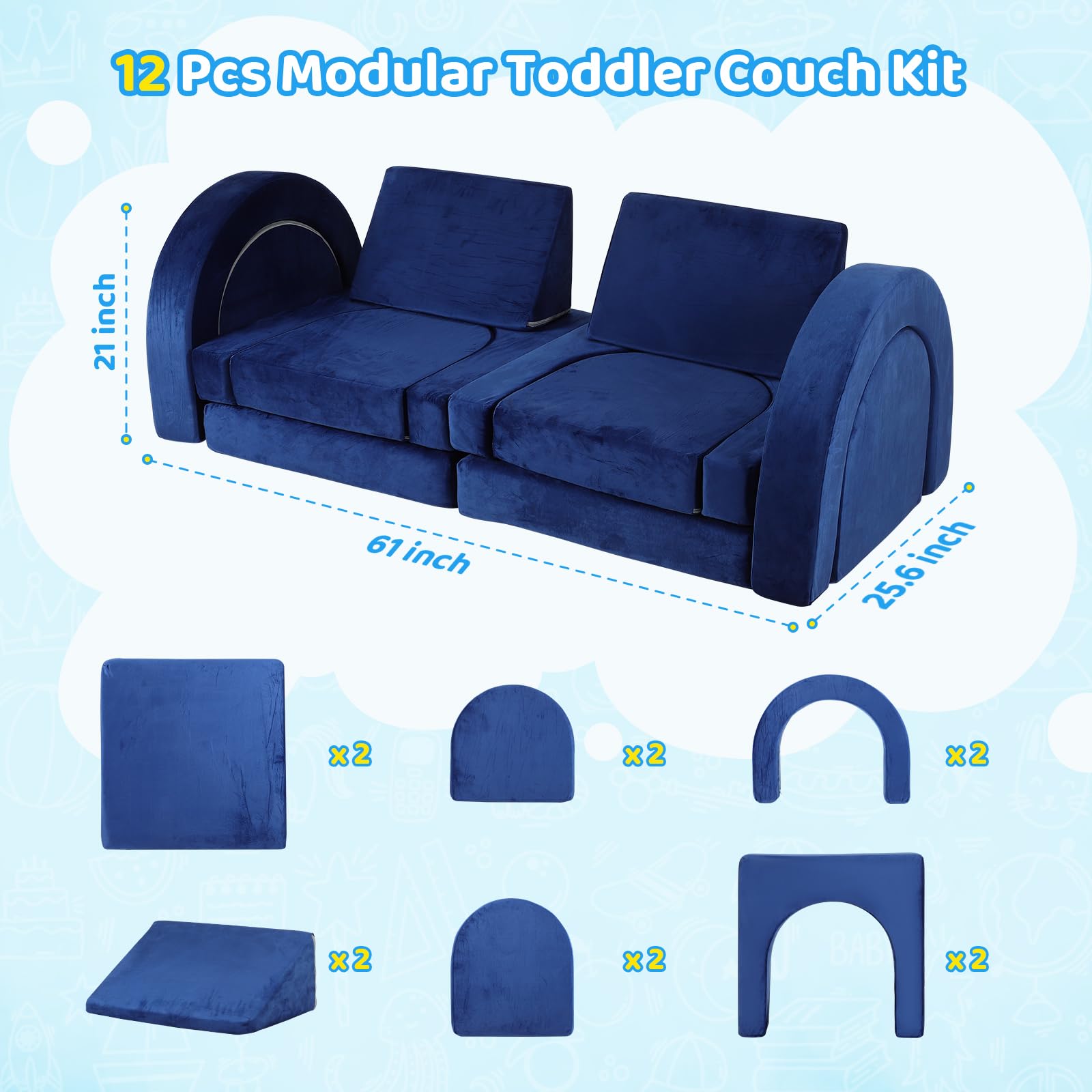 Modular Toddler Play Couch - 12 Piece Foam Building Block Set