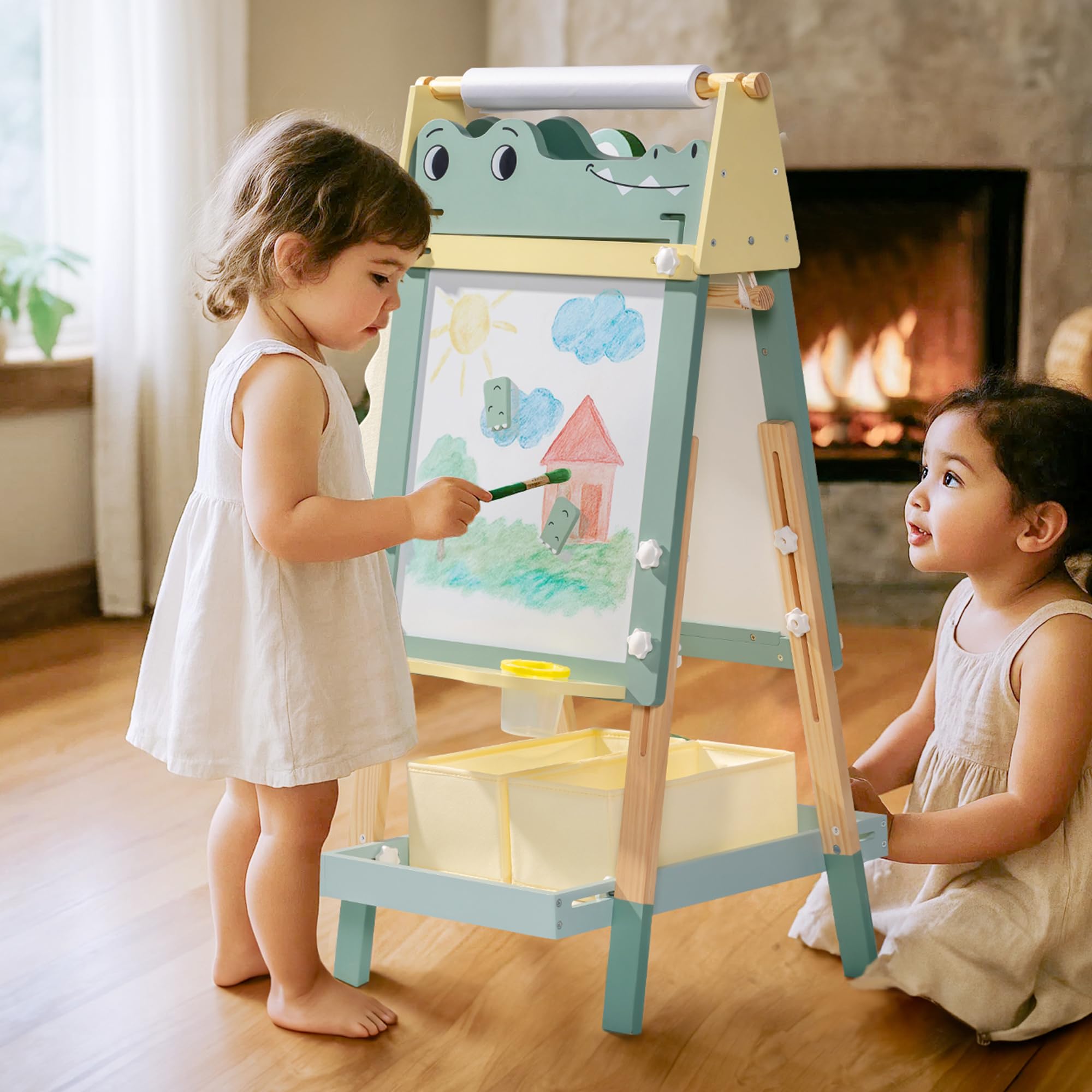 ROBOTIME Alligator Easel for Kids - 3-in-1 Adjustable Height Wooden Children Easel with Magnetic Whiteboard, Chalkboard & Paper Roll Holder, Fun Kid's Art Station for Boys & Girls Ages 3~12 Years