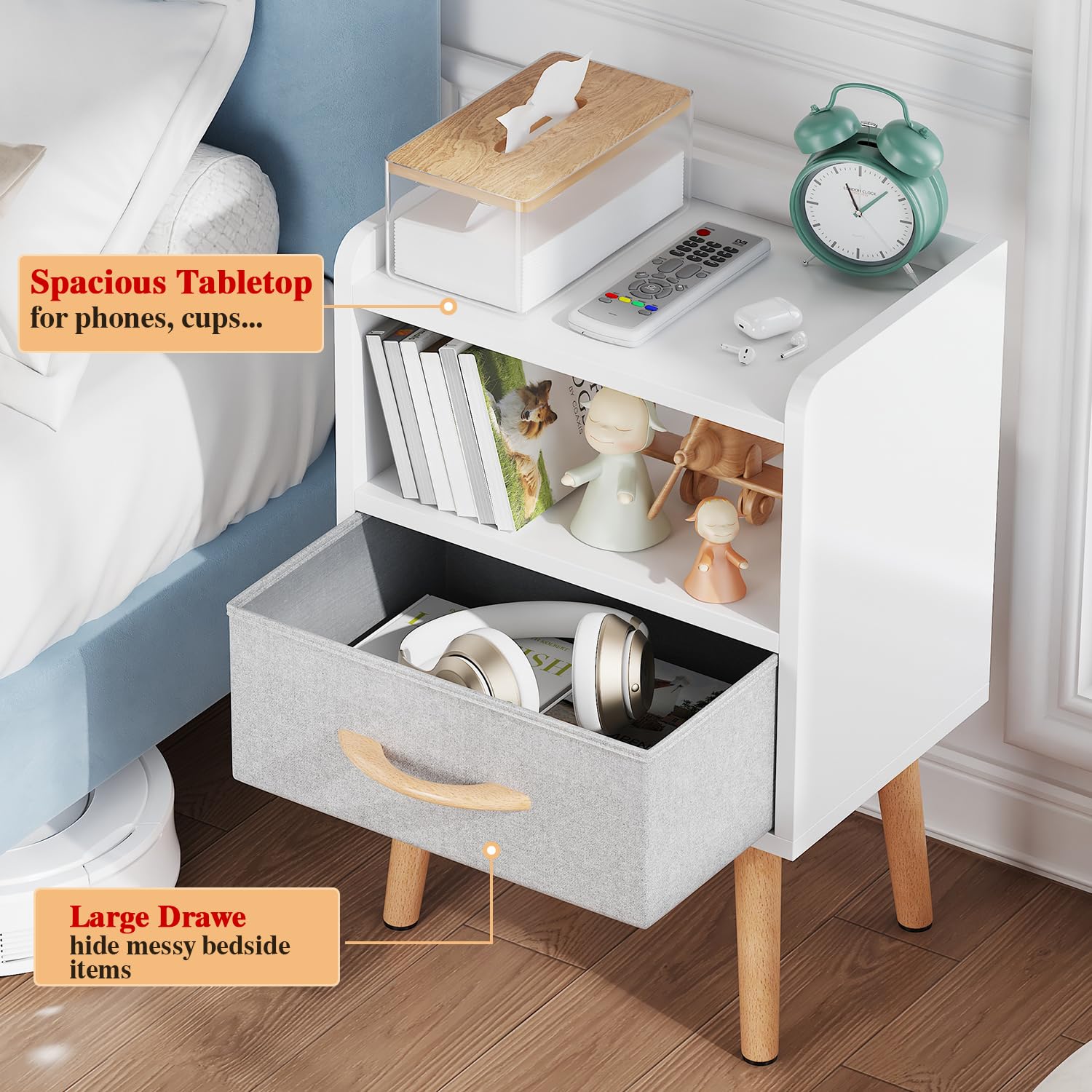 White Nightstand with Drawer Mid Century Modern Bedside Table