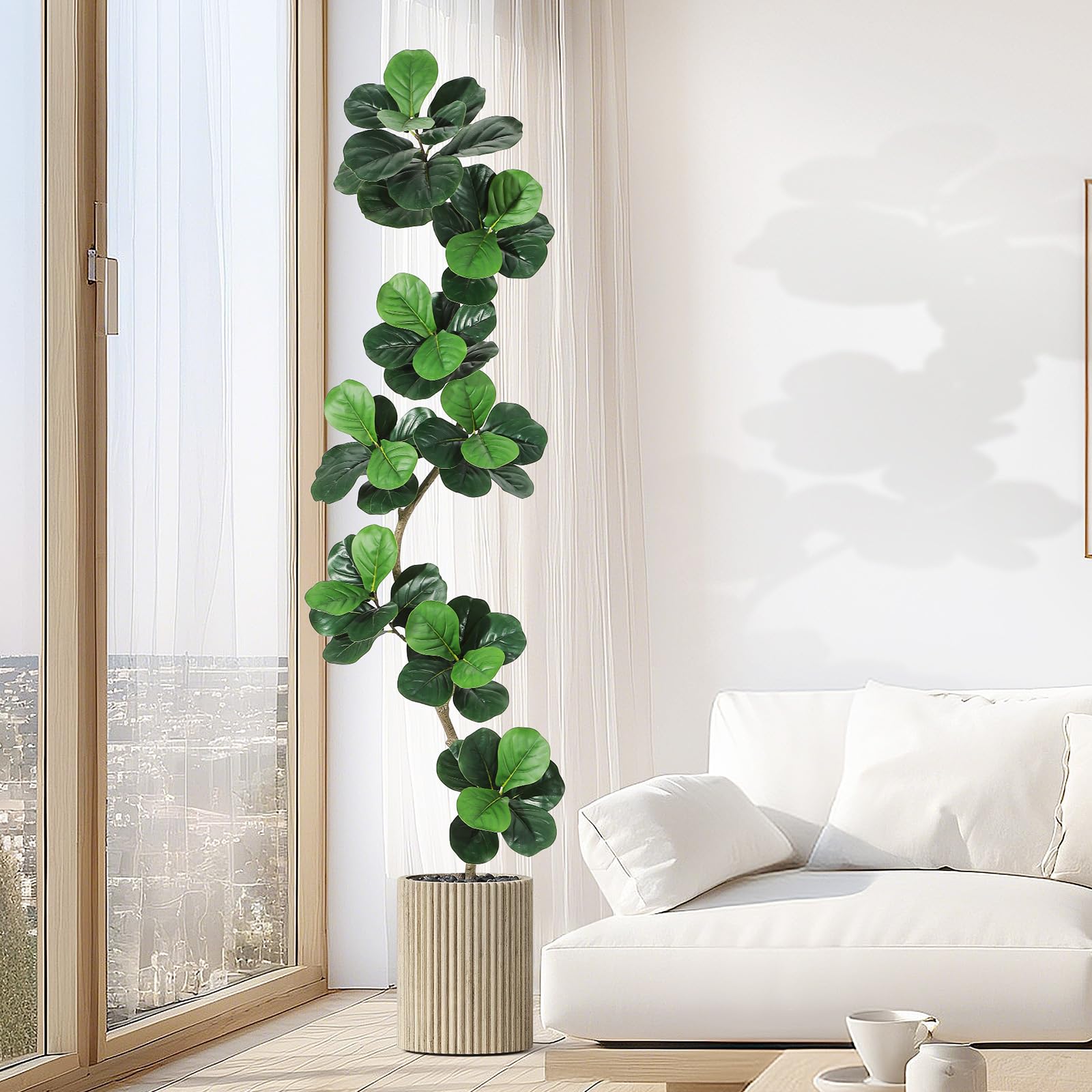Fiddle Leaf Fig Artificial Tree with White Planter,7ft Faux Plants Indoor