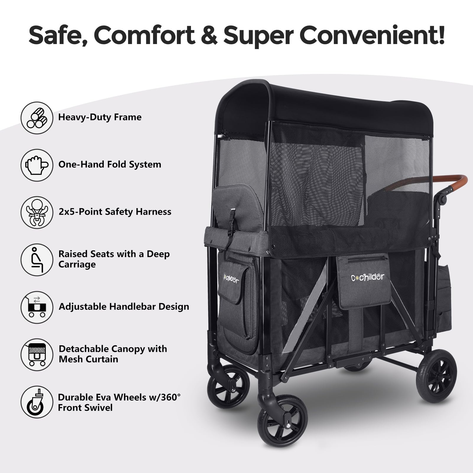Elite 2 Seater Wagon Stroller with Removable Canopy and Safety Harness