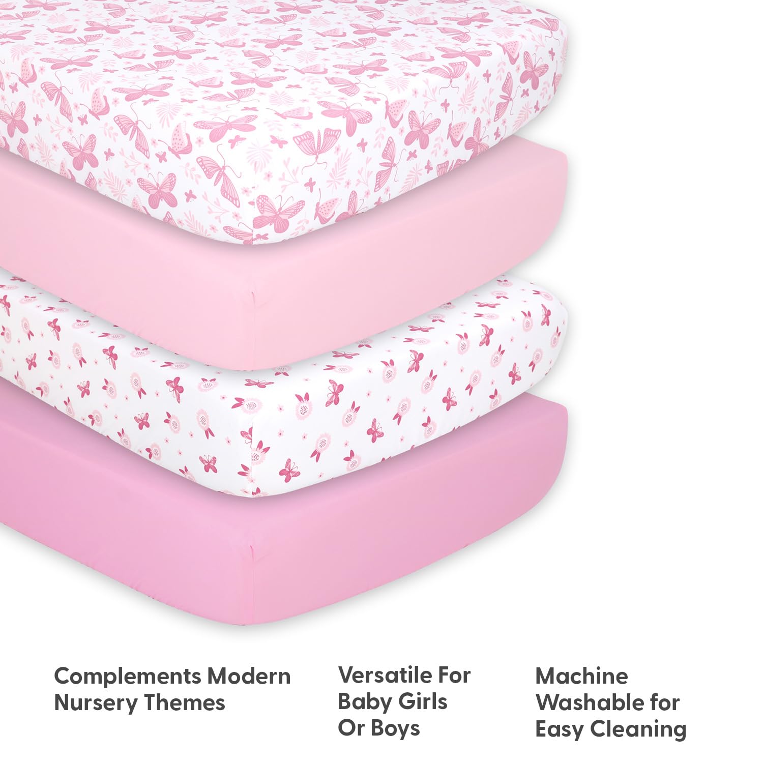 Butterfly Fitted Crib Sheets for Baby Girls - 4 Pack Pink Nursery Bedding