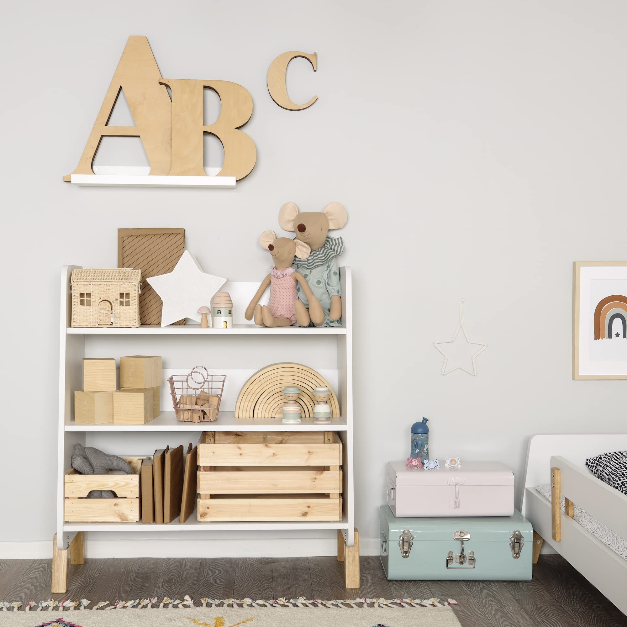 Toddler Bookshelf, 3-Tier 30" Modern Storage Display, White/Natural