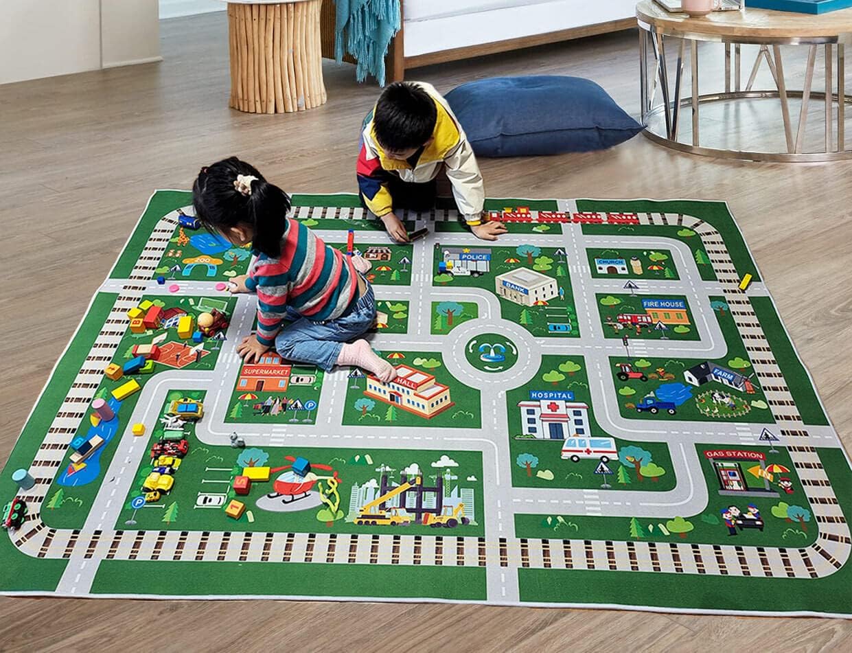 Kids Playroom Car Rug Play Mat - City Life Road for Cars, Fun City Map for Track Toys