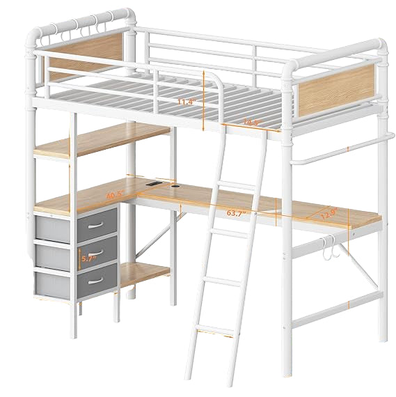 Twin Size Heavy Duty Metal Loft Bed with L-Shaped Desk
