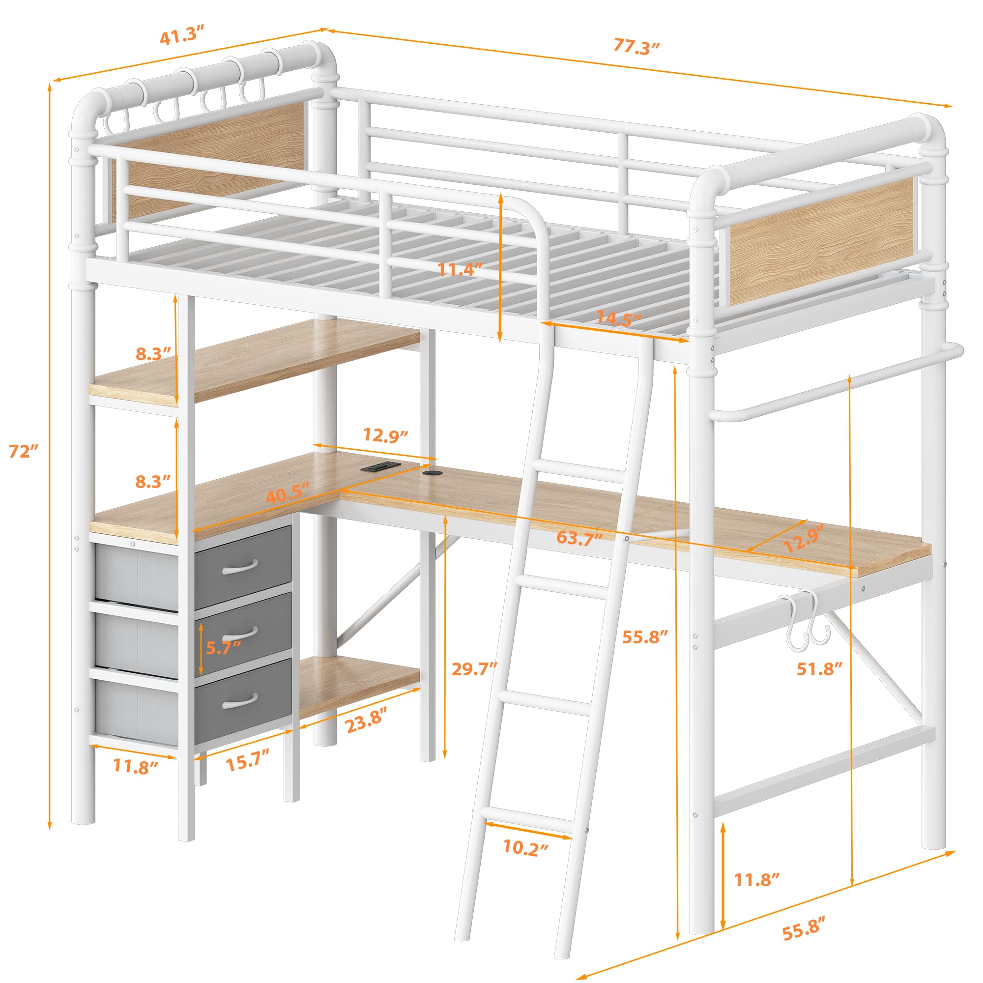 Twin Loft Bed with Desk and LED Lights