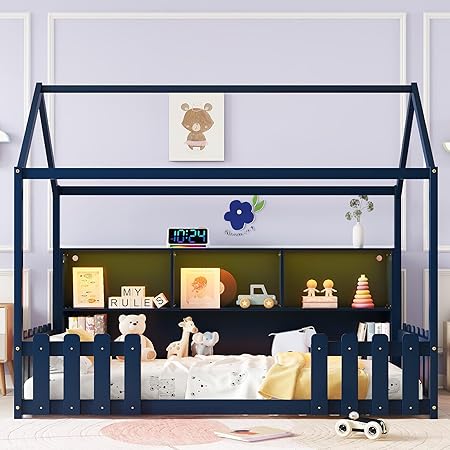 Twin Size House Bed with LED Light, Wood Montessori Floor