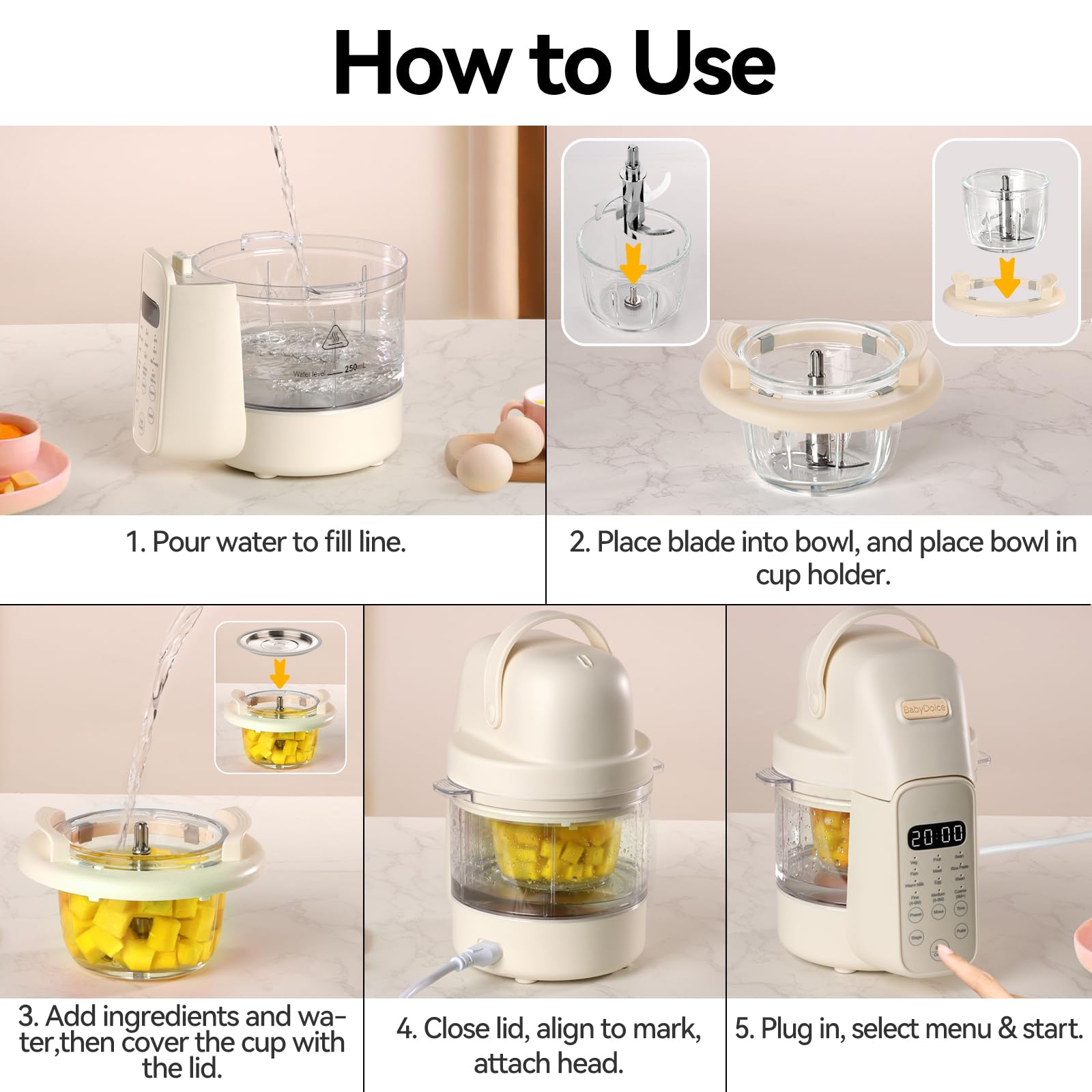 Baby Dolce Baby Food Maker, 9 in 1 Glass Baby Food Processor Steamer Puree Blender with 6 Blades, One Step Cook Grinding, Touch Screen Control, Multifunctional Blender with 24h Timer, Dishwasher Safe