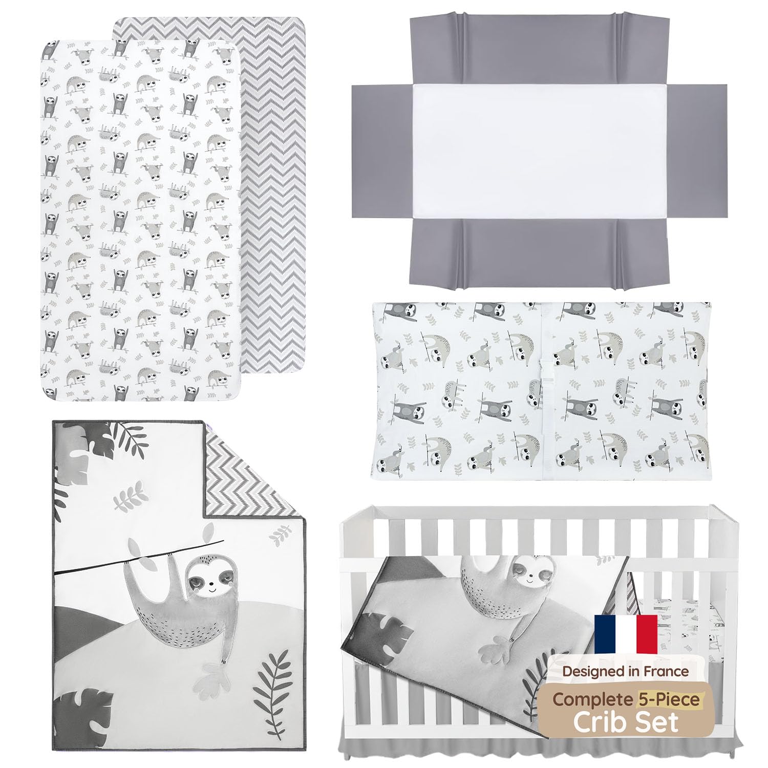 Neutral Baby Crib Bedding Set 5-Piece with Comforter, Fitted Sheets, Skirt & Changing Pad Cover