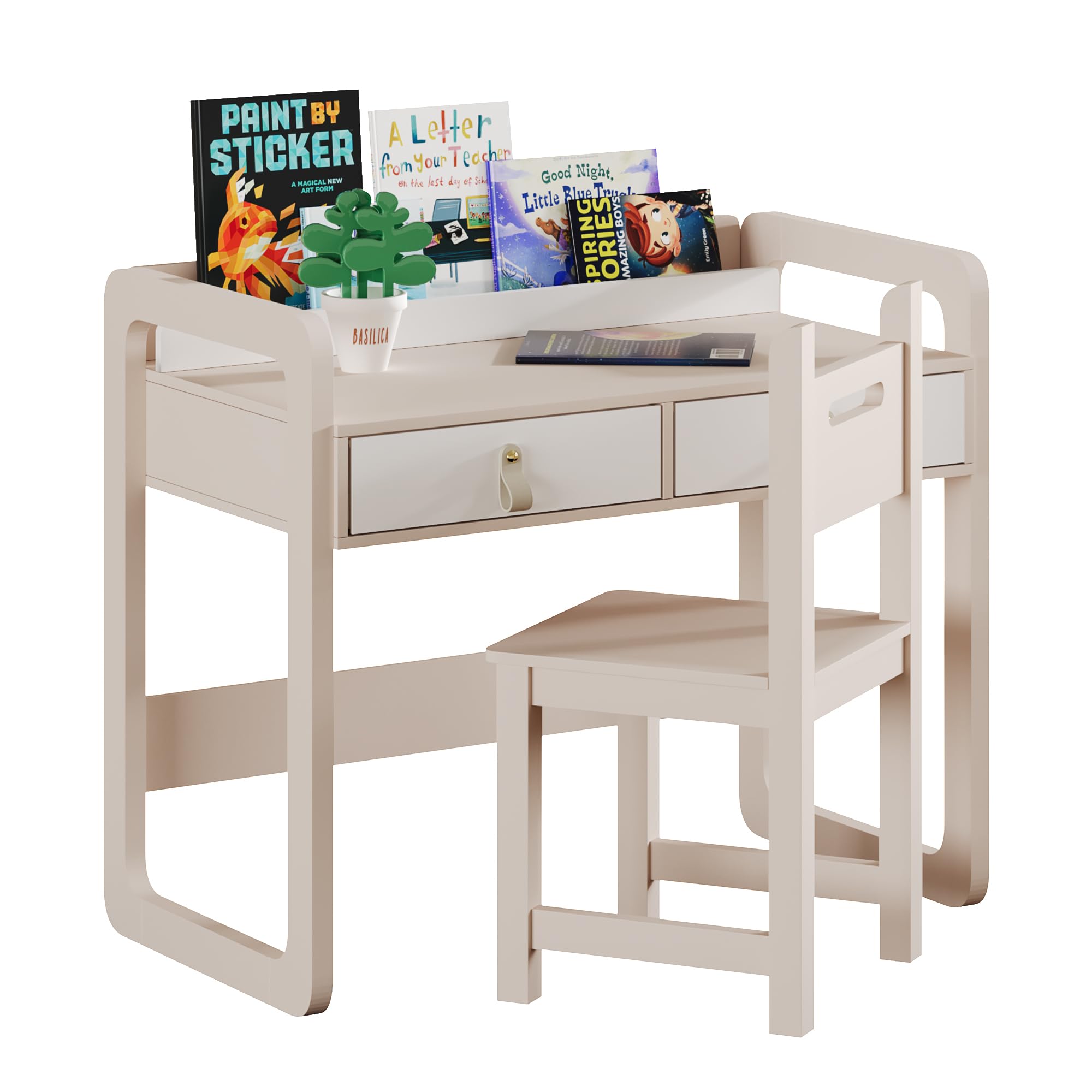 Kids Desk and Chair Set, Study Desk with Drawers, Wooden Children Table Set