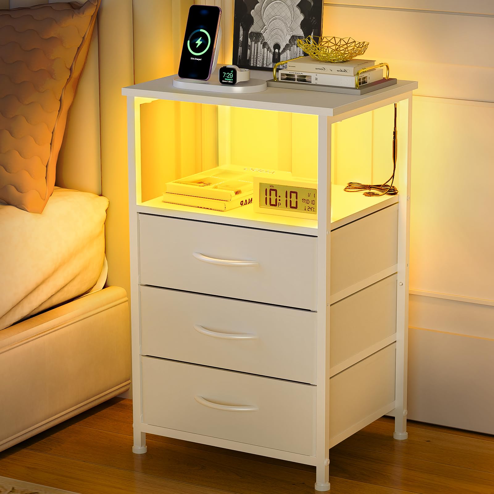 LED Nightstand with 3 Fabric Drawers