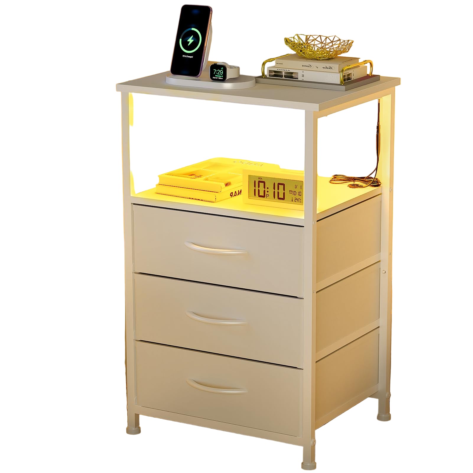 Nightstand with Drawers,White NightStand with LED Light