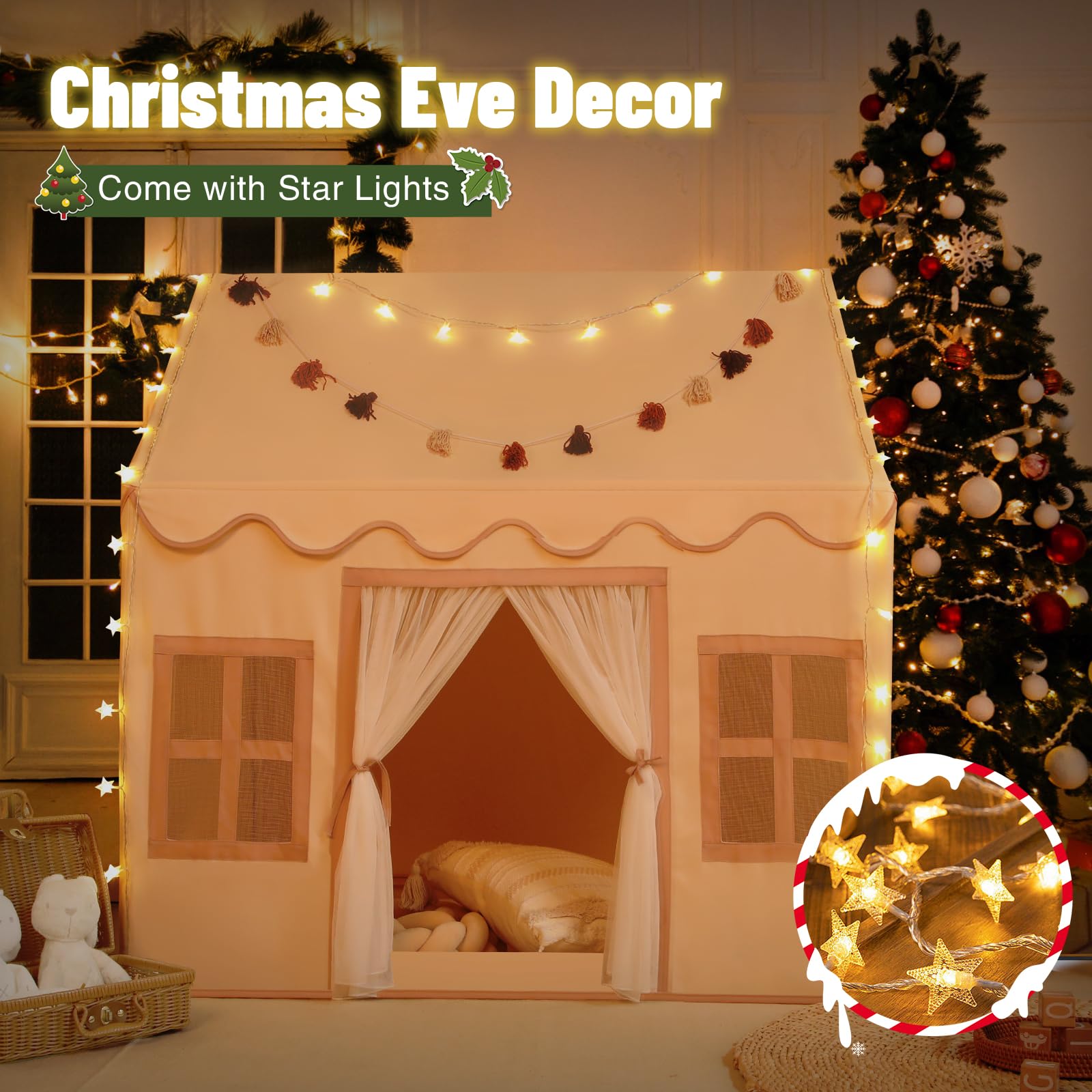 Indoor Play Tent with Mat and Star Lights