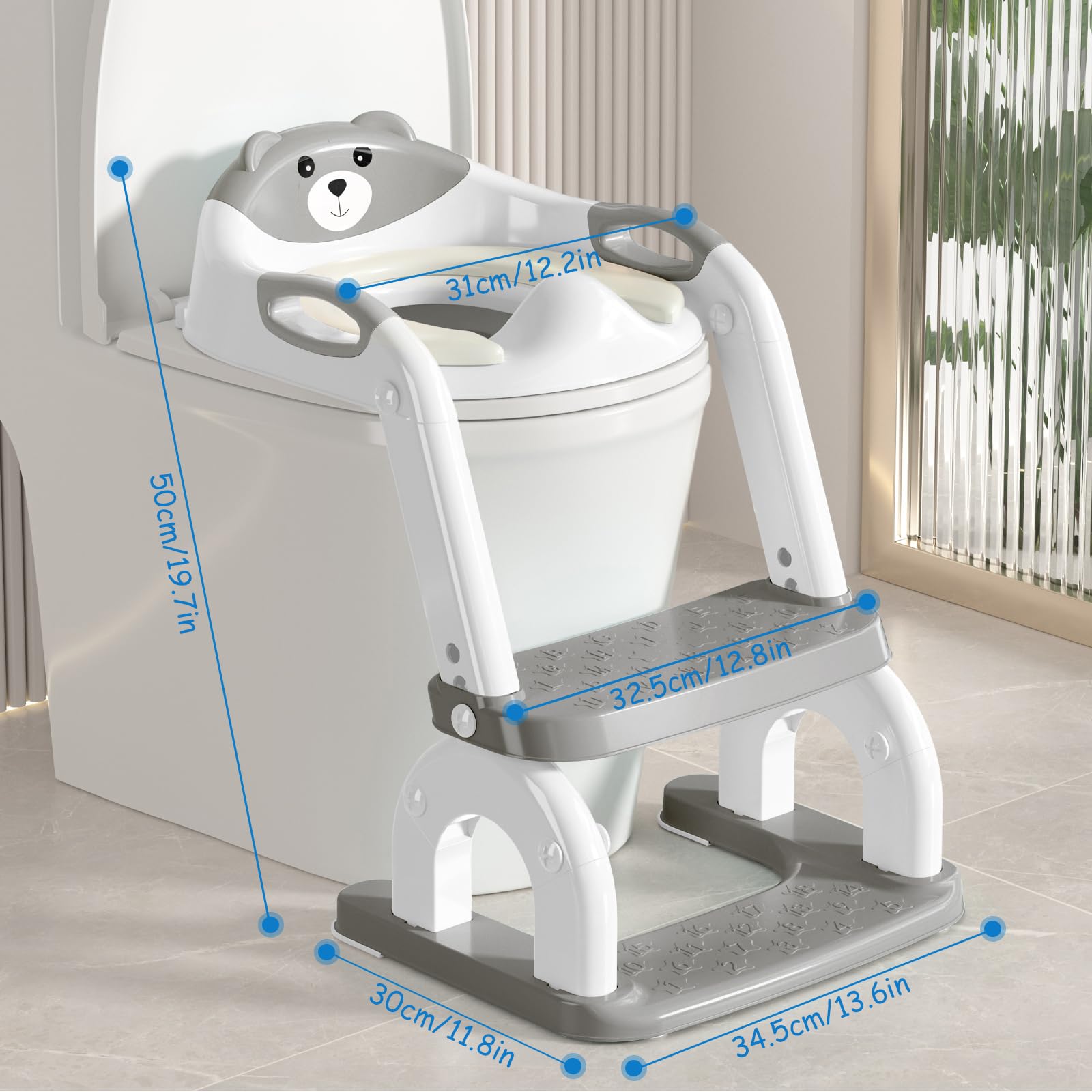 kimitimi Potty Training Seat with Step Stool for Toddlers - Upgrade 2-in-1 Toilet Seat Toilet Ladder for Kids Children Boys Girls, Anti-Slip Pad & Adjustable Height with Waterproof - Grey