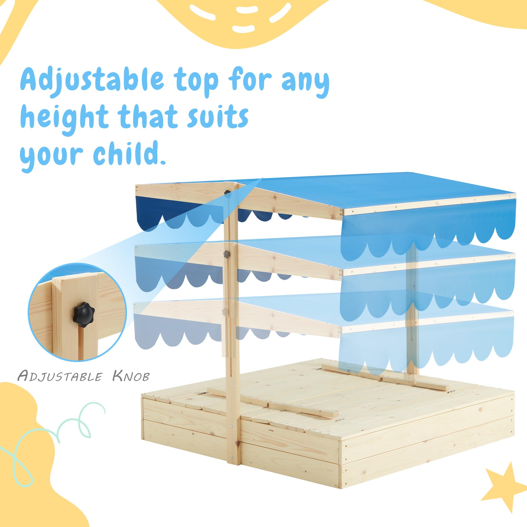 Wooden Sandbox with Canopy and Bench Seats