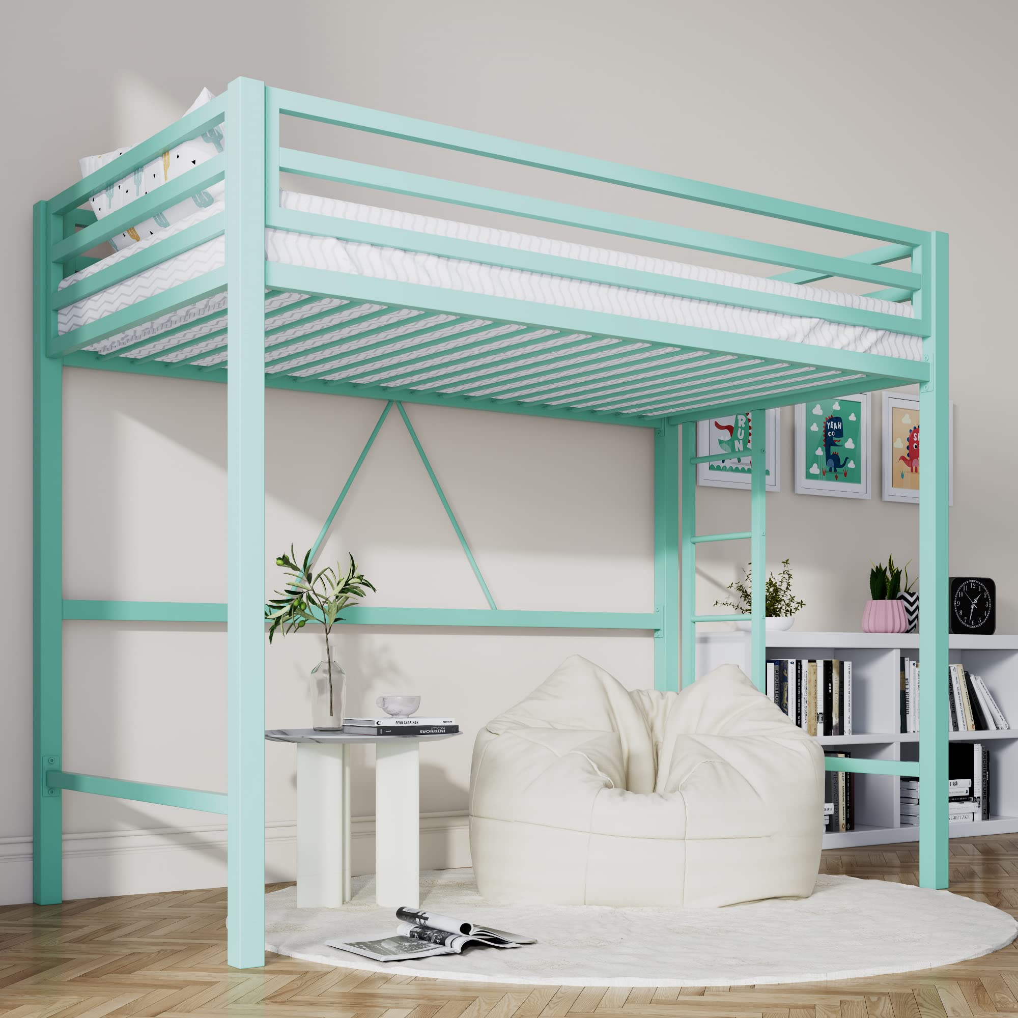 Loft Bed Twin Size with Ladder and Guardrail,Heavy Duty Metal Slats