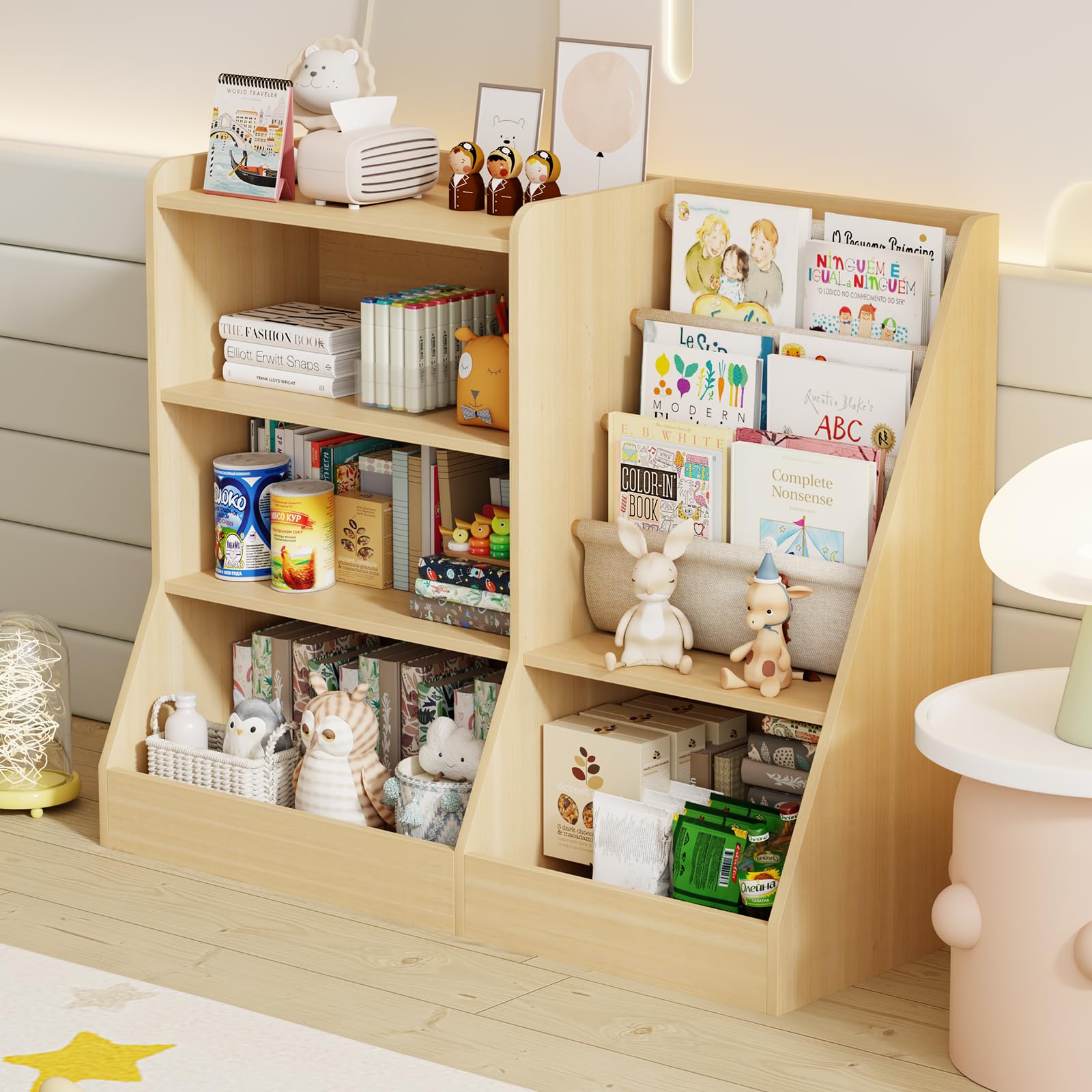 Kids Wooden Bookshelf and Toy Storage Organizer with Sling Book Rack