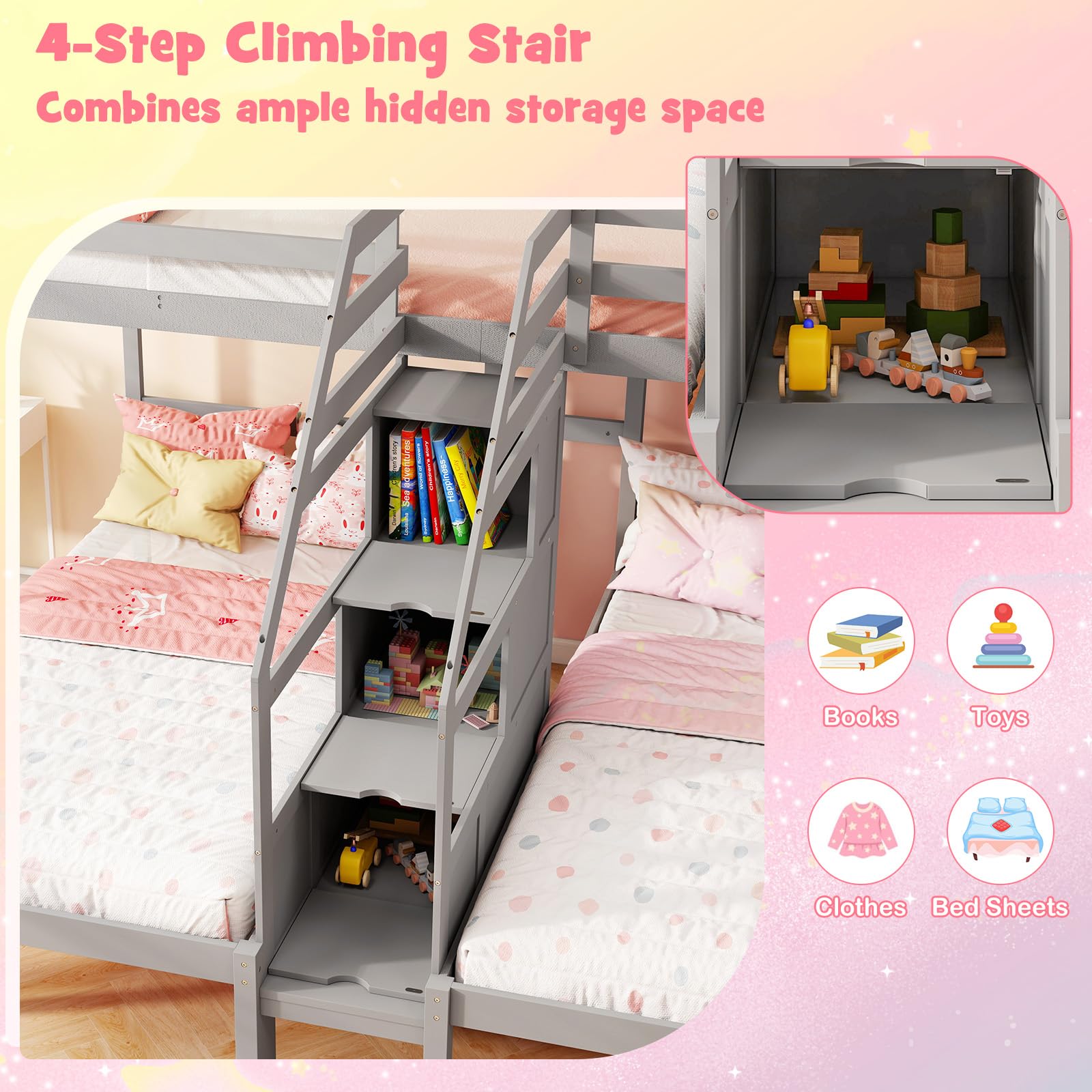 Triple Bunk Bed with Storage Staircase