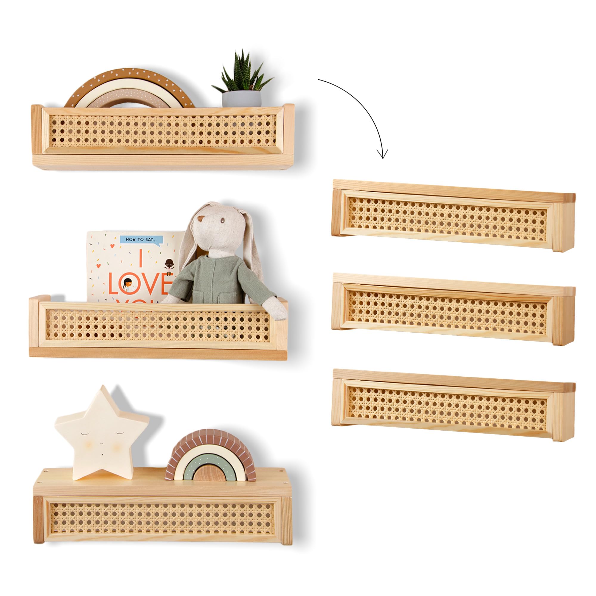 Rattan Wall Shelf 3-Pack Floating Bookshelf for Nursery