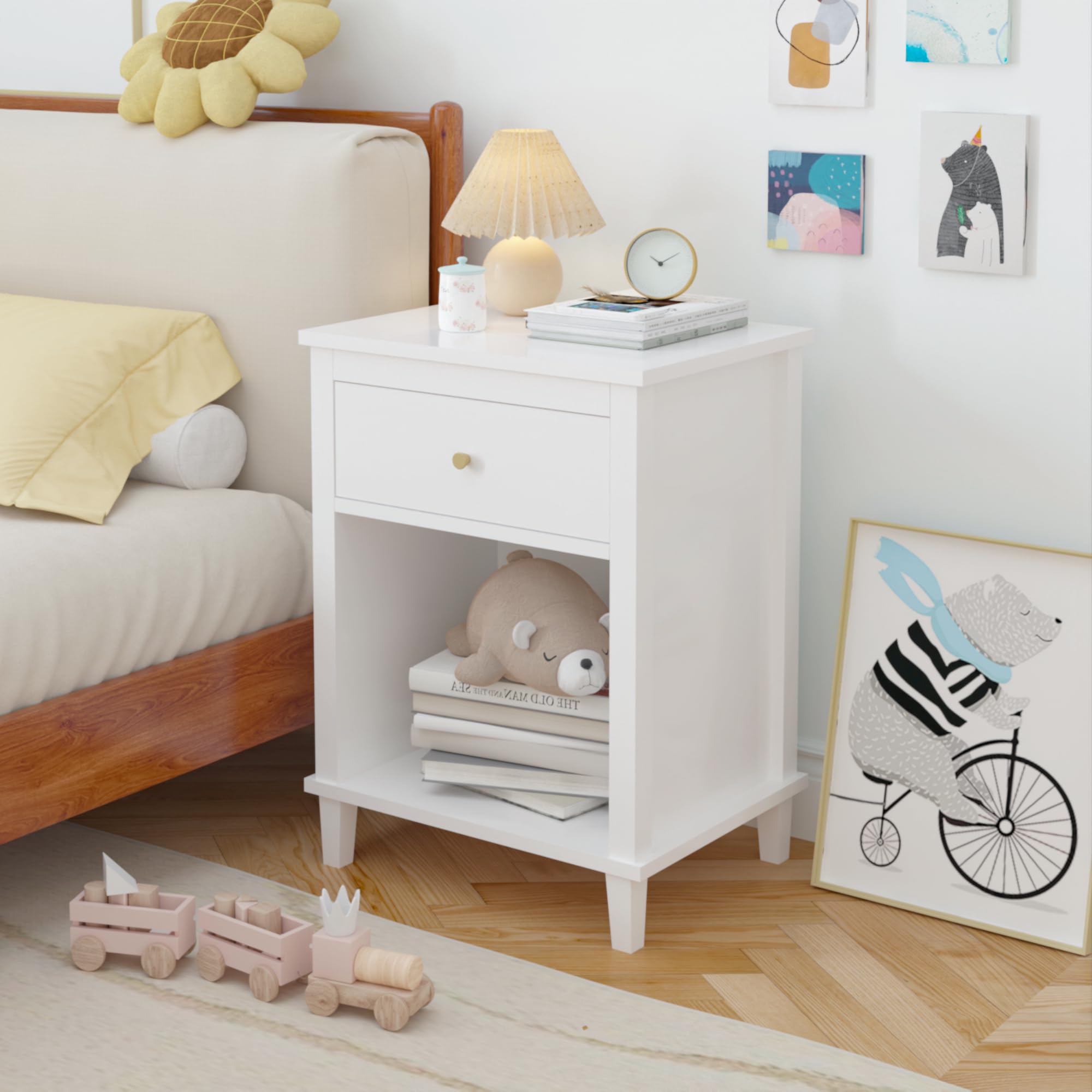 Kids Nightstand with Drawer and Storage Shelf