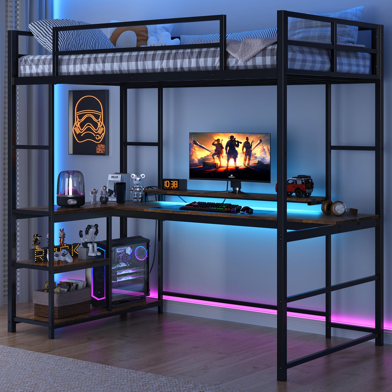 Twin Loft Bed with Large Desk and LED Lights