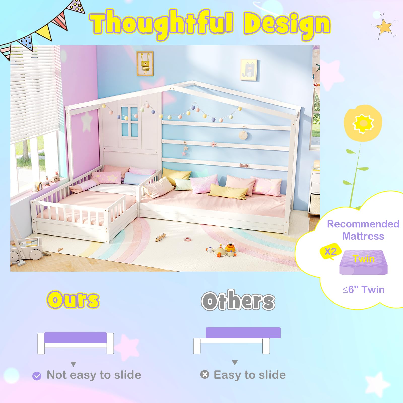 MAT EXPERT L Shaped Twin Beds for 2 Kids, Wooden House Platform Bed w/Window & Roof, Fence & Slats, Corner Montessori Bed Frame for Boys Girls Teens, Dorm Bedroom, No Box Spring Needed (White)