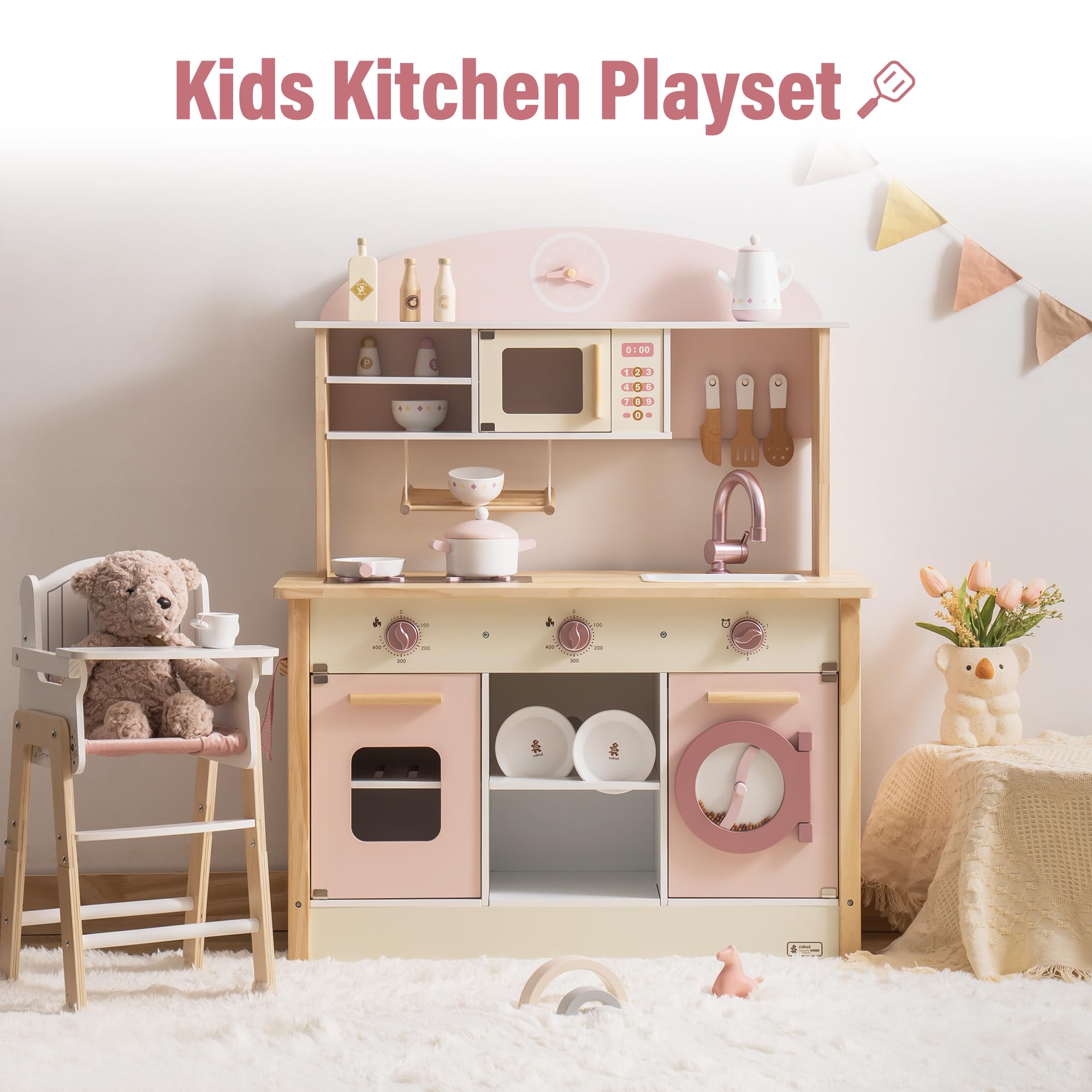 ROBUD Play Kitchen for Kids Toddlers, Wooden Play Kitchen with Realistic Accessories, Toy Kitchen Set with Plenty of Play Features, Modern Style Toy Kitchen for Girls & Boys, Gift for Ages 3+, Pink