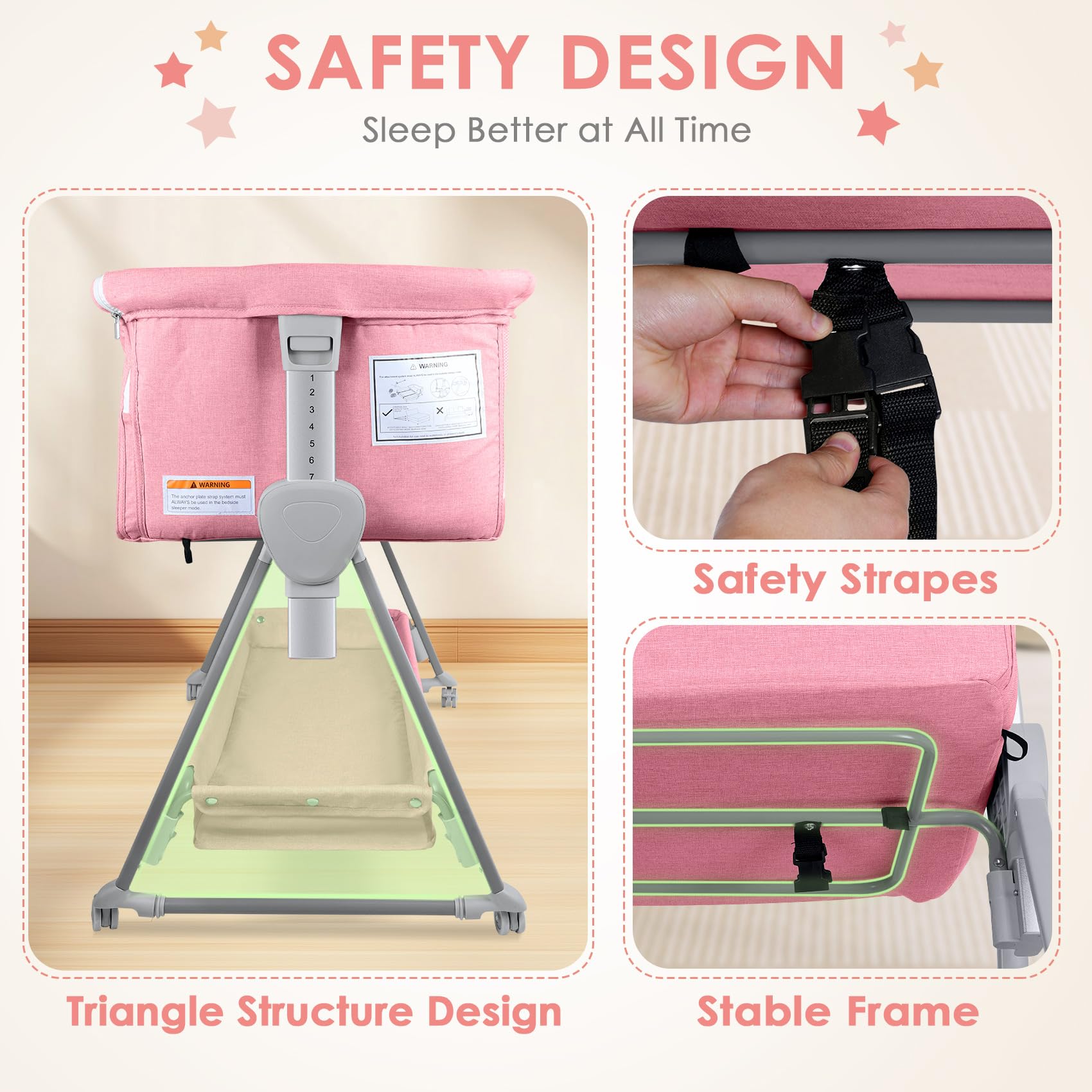 7-Height Adjustable Bedside Bassinet with Wheels and Storage