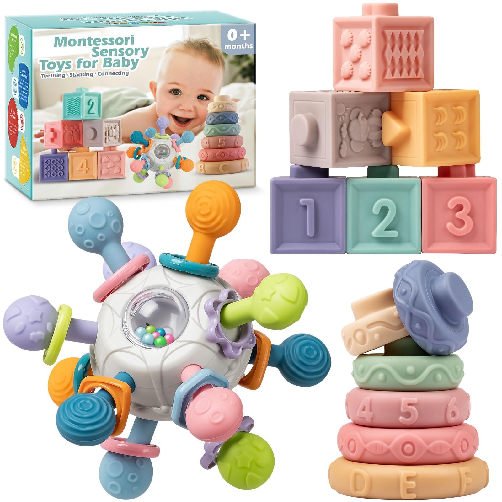 Baby Sensory Teething Toys Set, Montessori Baby Toys 6-12 Months