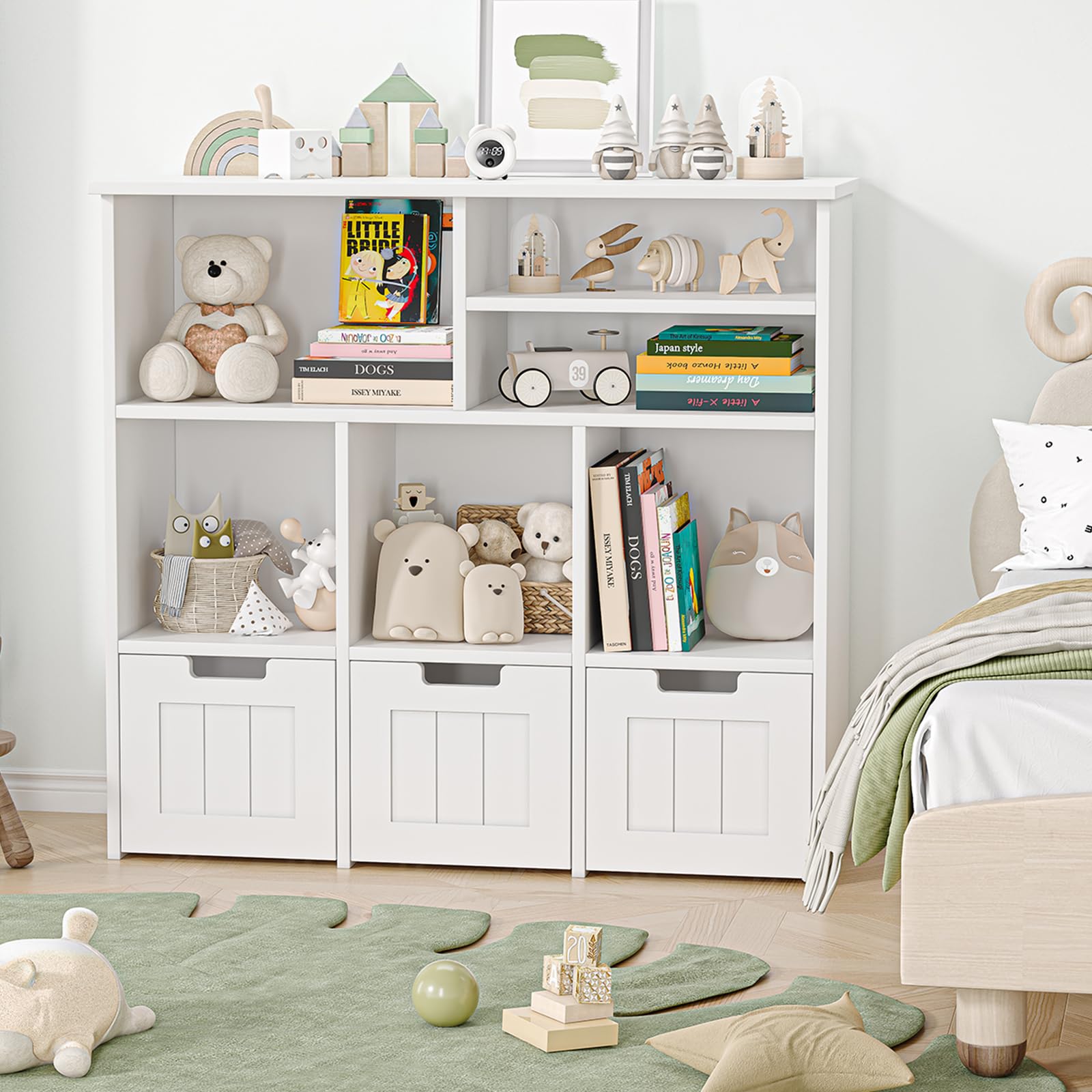 Kids Bookcase Toy Storage Organizer Toy Chest with 3 Movable Drawers & Hidden Wheels