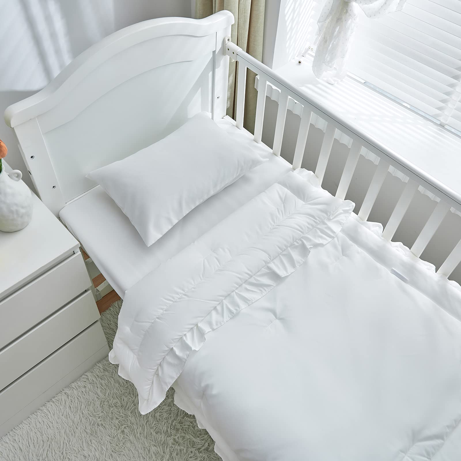 3 Pieces Crib Bedding Set Baby Ruffle Quilted Comforter with Fitted Sheet and Pillowcase