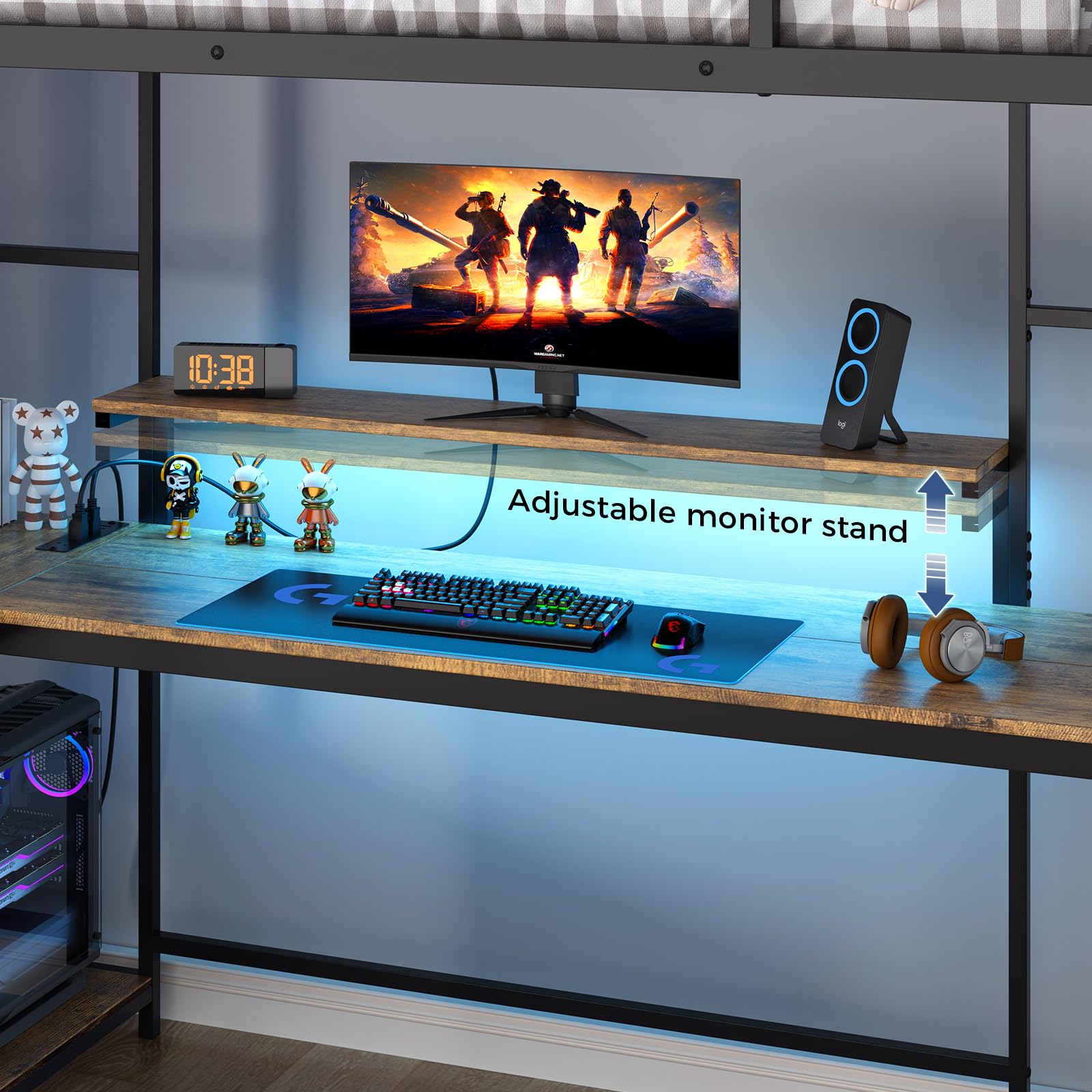 Twin Loft Bed with Large Desk and LED Lights
