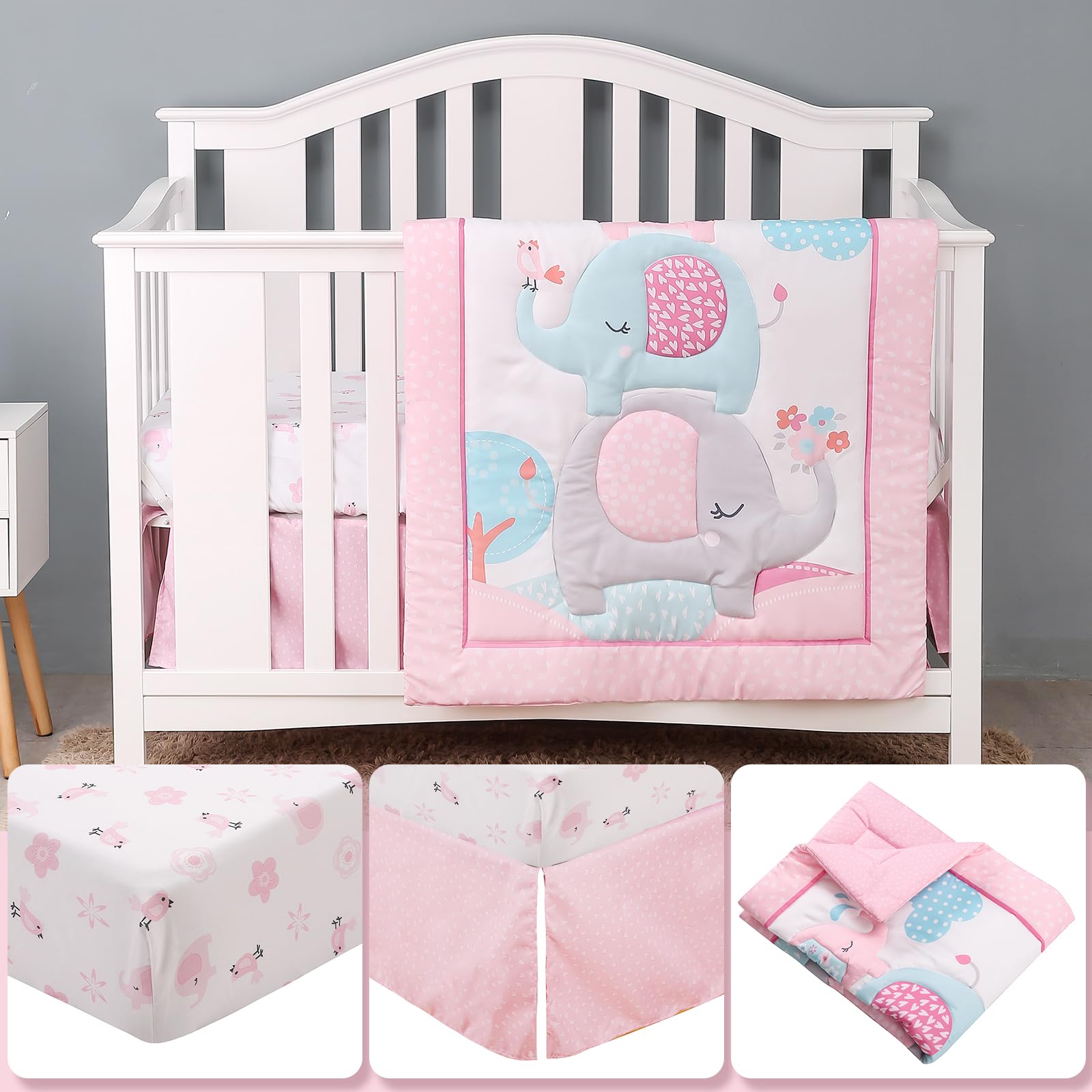Pink Elephant Baby Crib Bedding Set 3 Piece for Girls