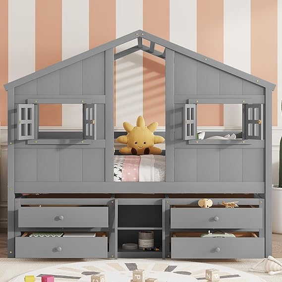 Full Size Wooden House-Shaped Loft Bed with Roof, Windows