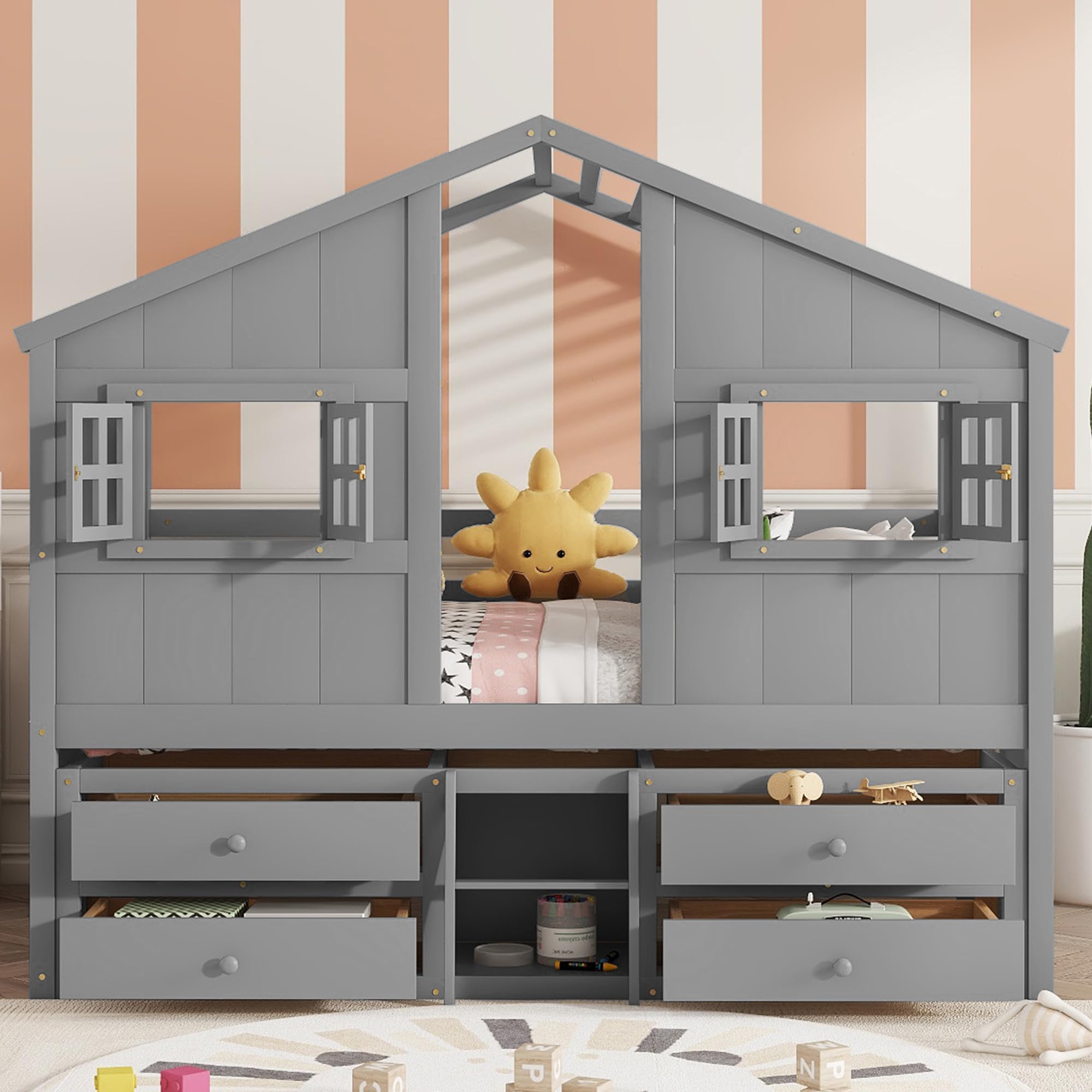Full Size House-Shaped Loft Bed with Storage Drawers and Roof