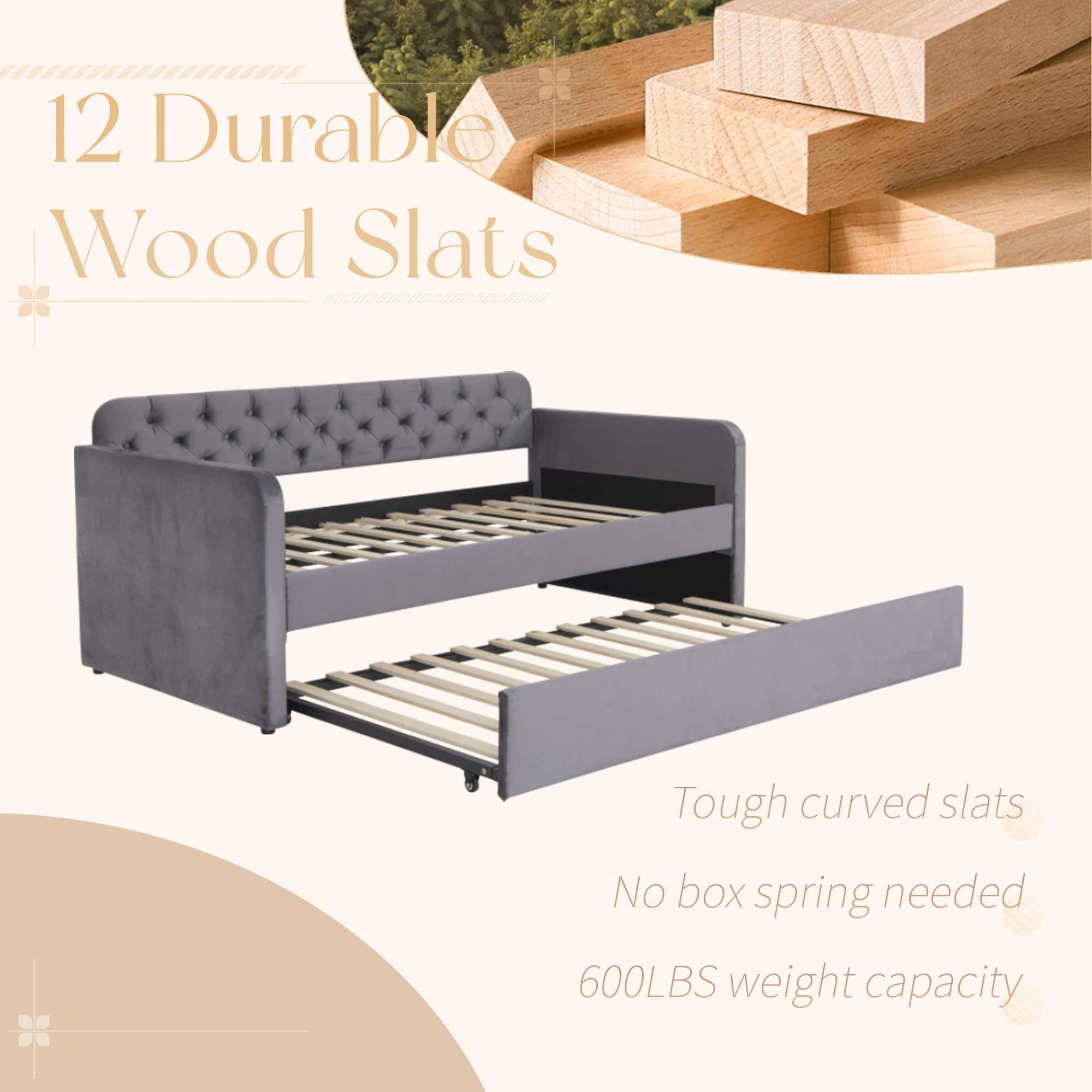 Velvet Upholstered Daybed with Trundle and USB Port